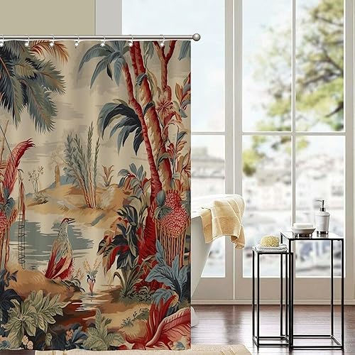 Miniatura 1048 de Cortinas de ducha de baño con ganchos, 72 x 92 pulgadas, cortina de ducha de tela impermeable con diseño de flores y pájaros, cortina de ducha