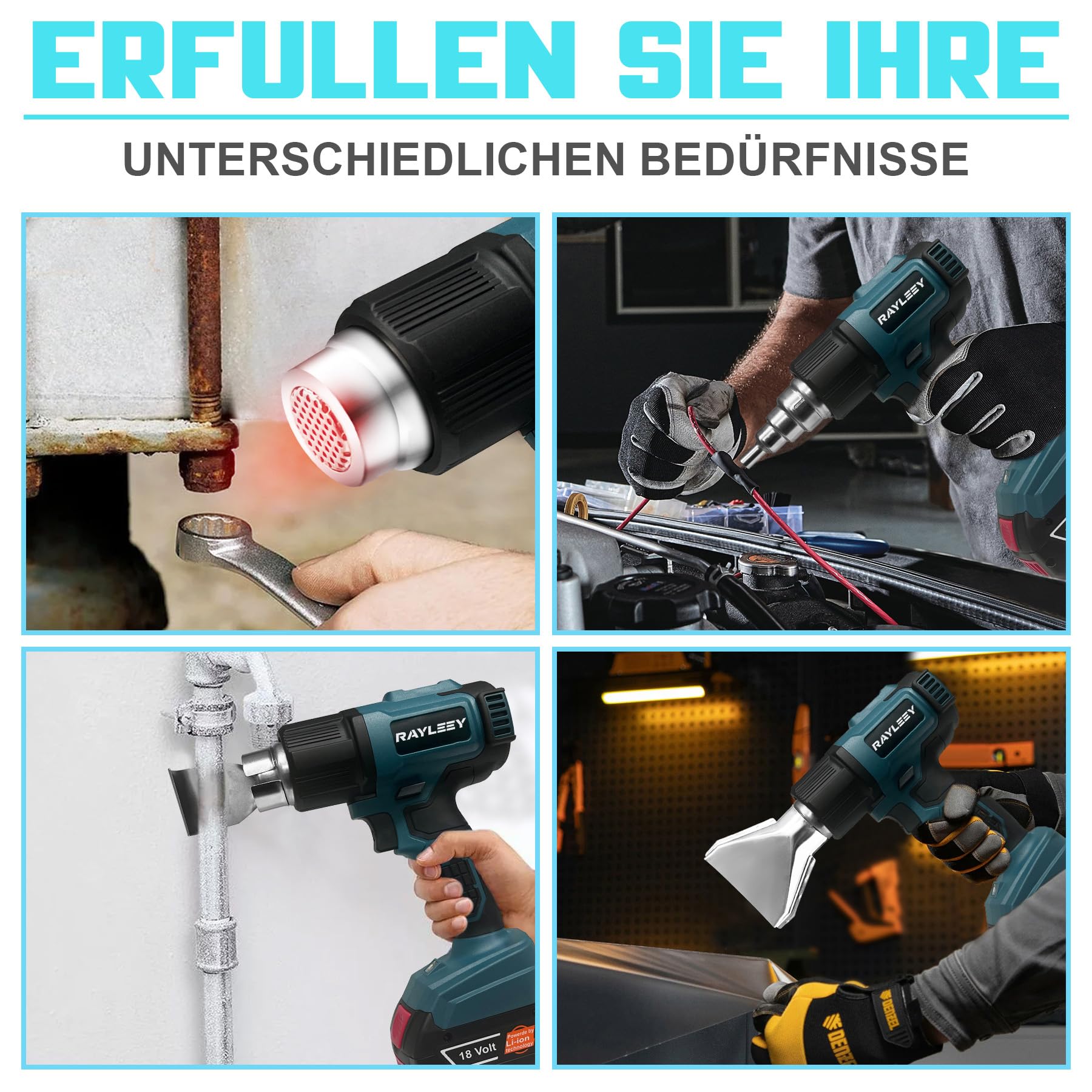 Heißluftgebläse für Bosch Professional 18V System Akku, 50°C-550°C Schnell Aufheizende Löt-Heißluftpistole mit LCD-Digitalanzeige, mit 4 Edelstahldüse für Schrumpffolie, Abziehen, Harz(ohne Akku)