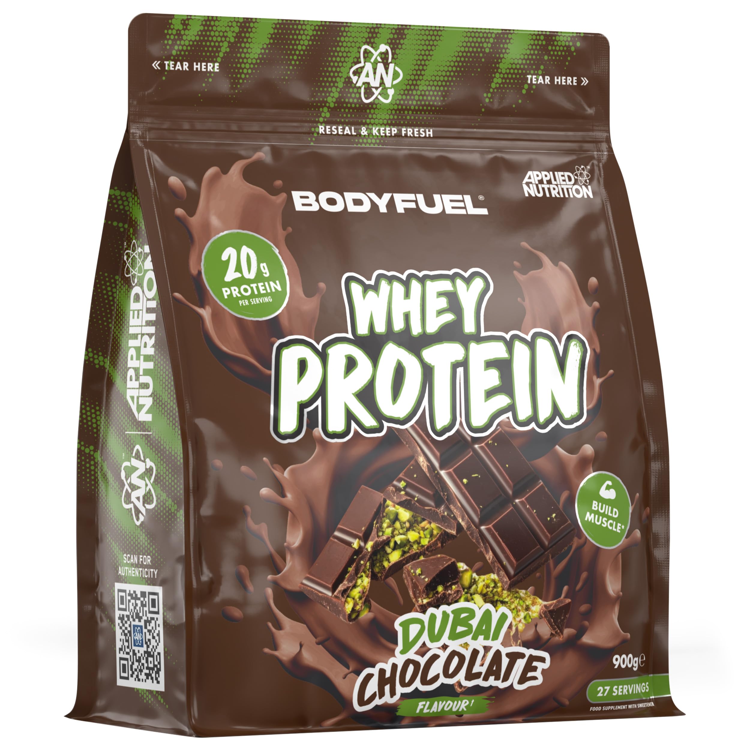 Bodyfuel Whey Protein Powder - 20g Protein for Muscle Recovery & Weight Management - Low-Calorie, Keto-Friendly - (900g - 27 Servings) (Dubai Chocolate)