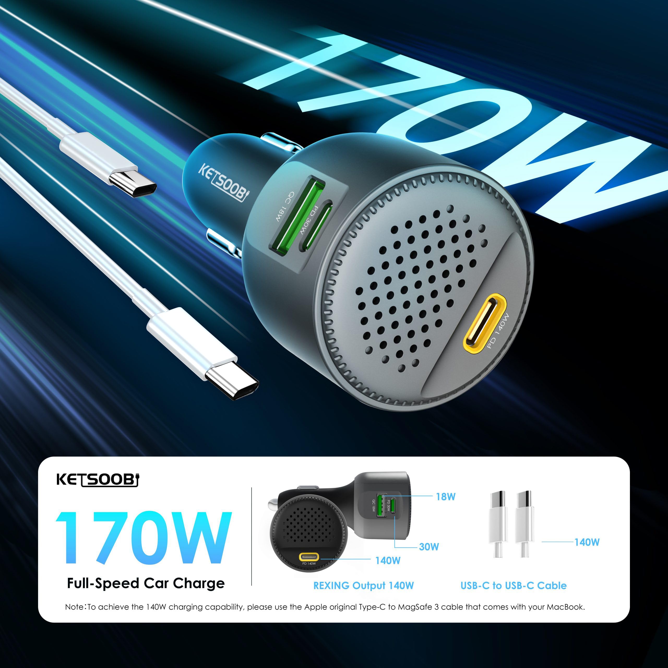 Caricabatterie USB per auto da 170 W con dissipazione del calore, adattatore per auto a 3 porte PD 3.1 140W/PD 30W+QC18W compatibile con MacBook, laptop, iPhone 17/16/15, Samsung Galaxy S24
