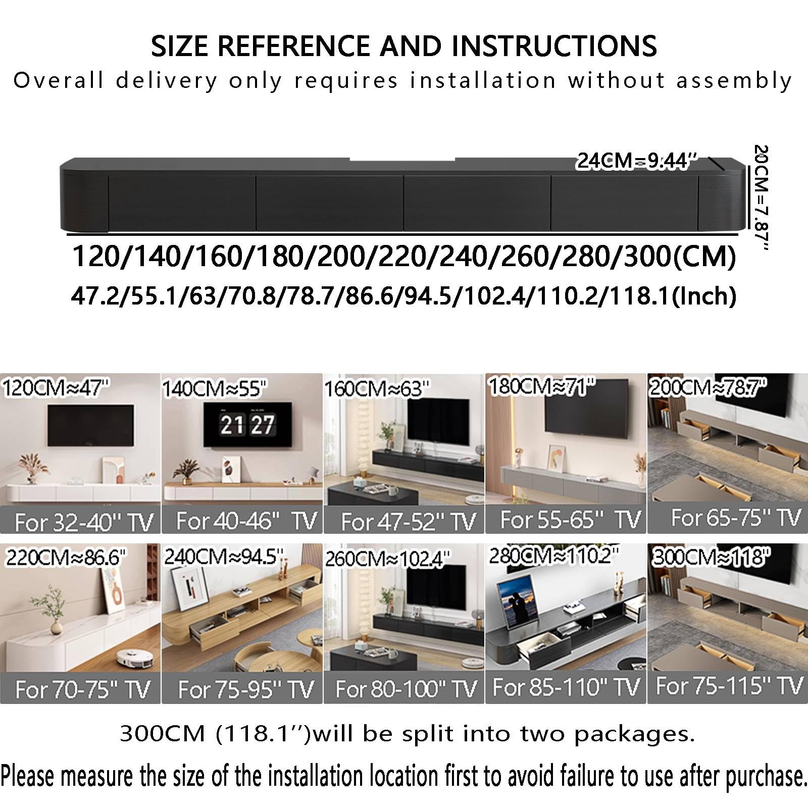 TV Lowboard Wall-Mounted tv Cabinet Tv Schrank schwebend-Schwarz+LED-Lichtleiste