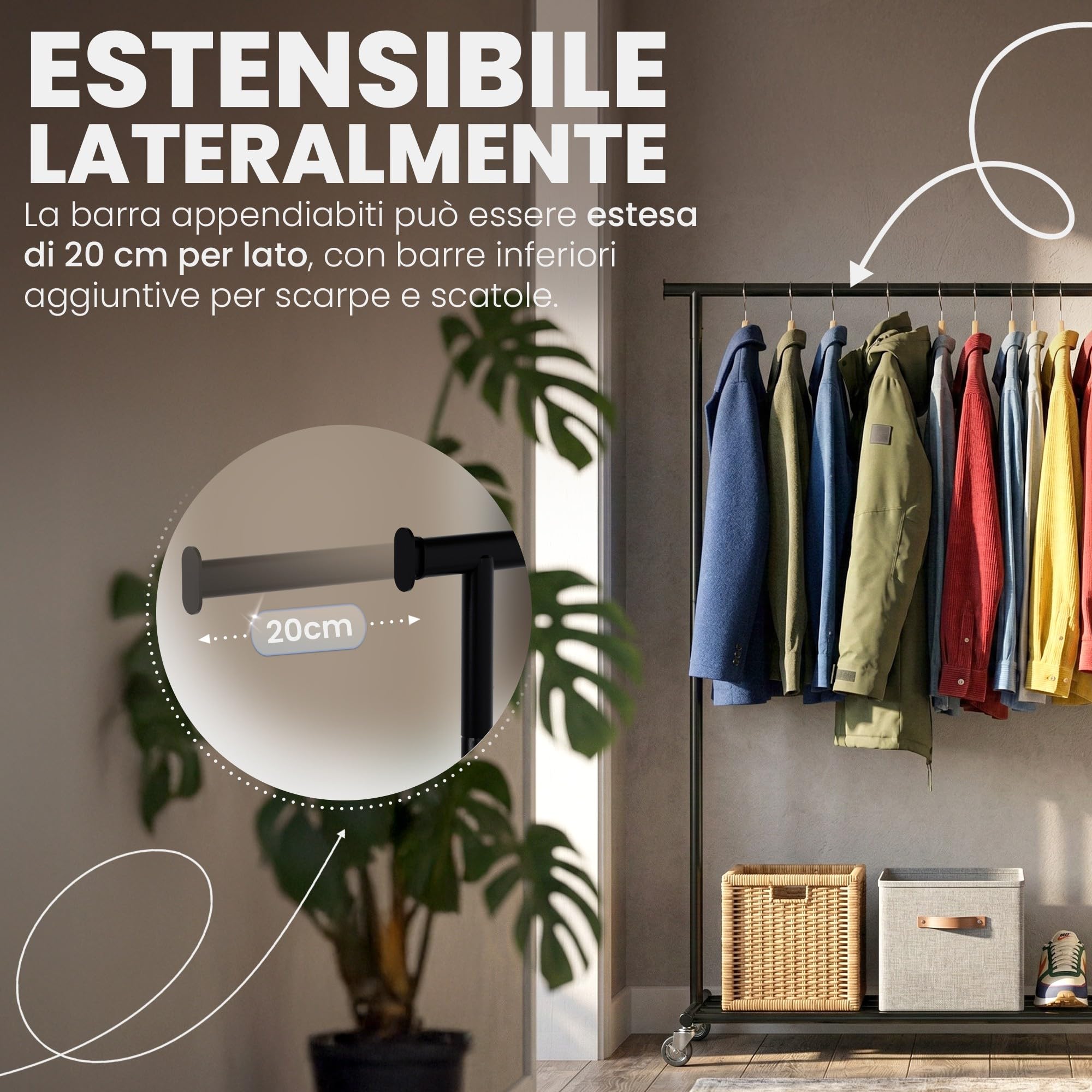 CLP Appendiabiti con ruote Bernis, guardaroba in metallo estensibile, barra robusta fino a 80 kg con ripiano portascarpe, Dimensione:XL
