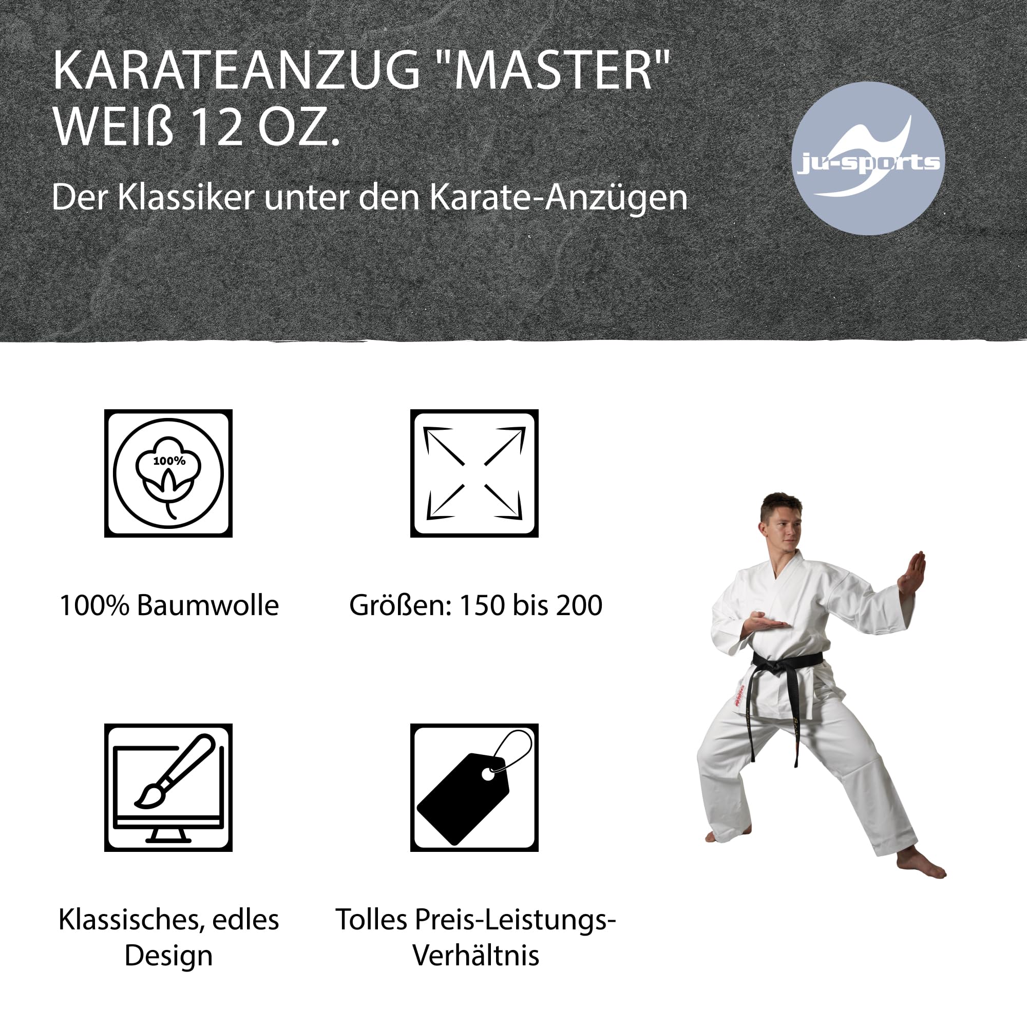 Ju-Sports Master Karateanzug Erwachsene weiß - Robuster Karatekimono mit Canvas-Gewebe und traditionellem Schnitt 100% Baumwolle, Abgesteppte Ärmelenden