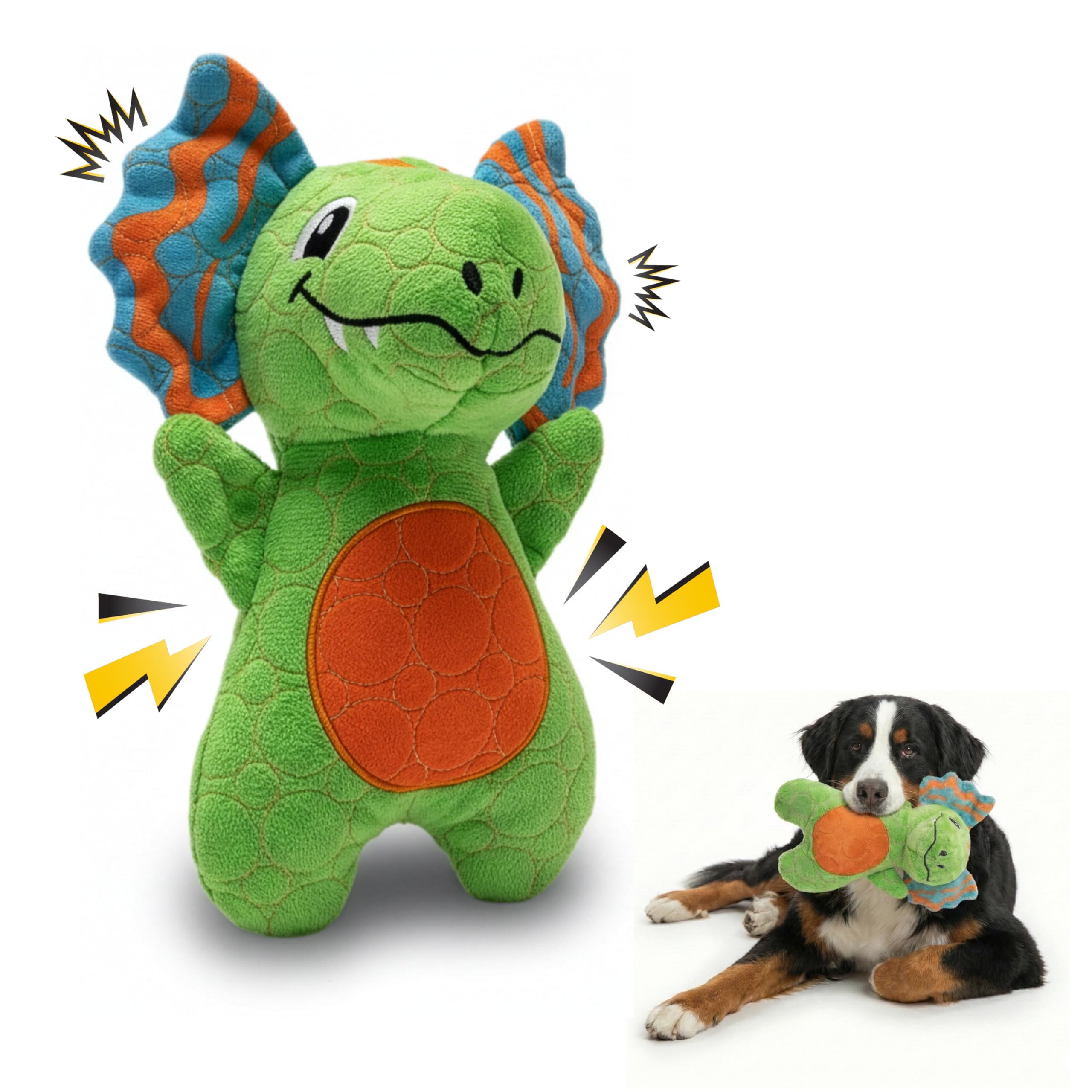 Bite Force - Durable & Strong Dog Toy Green Dino with Squeaker, Kevlar-Reinforced for Aggressive chewers.
