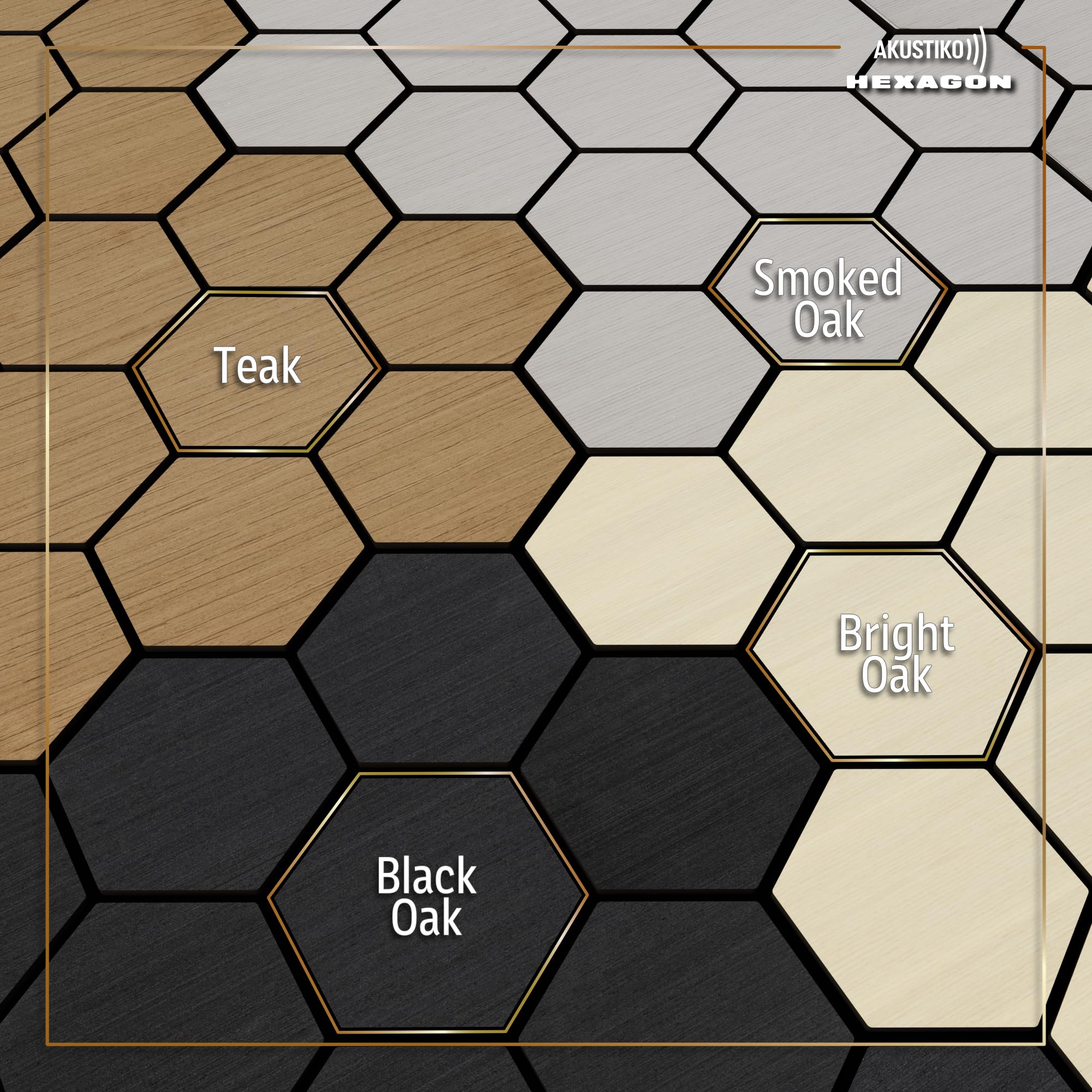 Akustiko Hexagon 3D paneles acústicos pared, 3 uds., 567 x 693 mm, fieltro MDF, chapa efecto madera, para la decoración moderna de paredes decoración para estudio, (Black Oak)