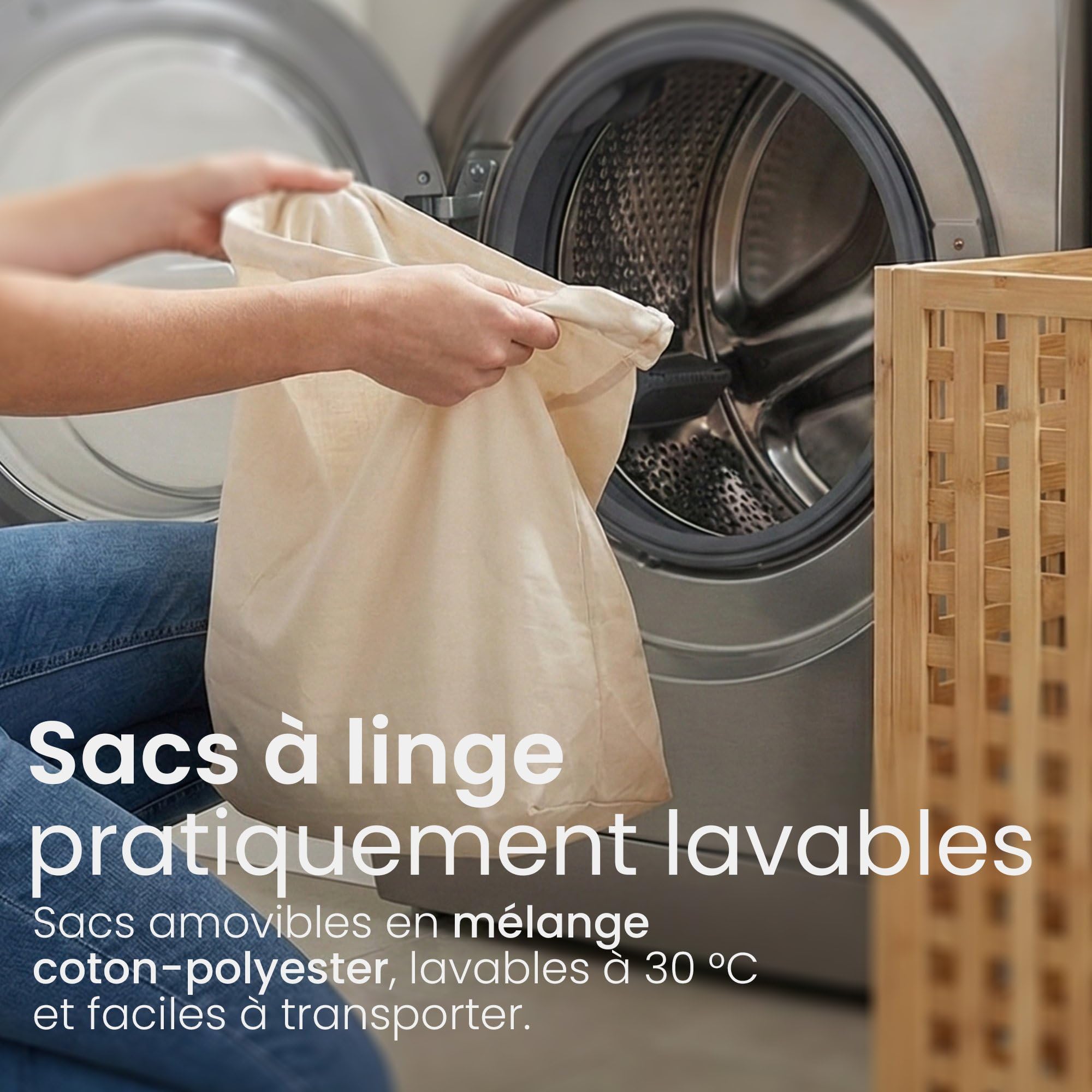CLP Coffre à linge Ronthy pour linge sale, collecteur en bois Sac à linge 70L lavable et amovible, cadre en bambou pour salle de bain, Couleur:nature