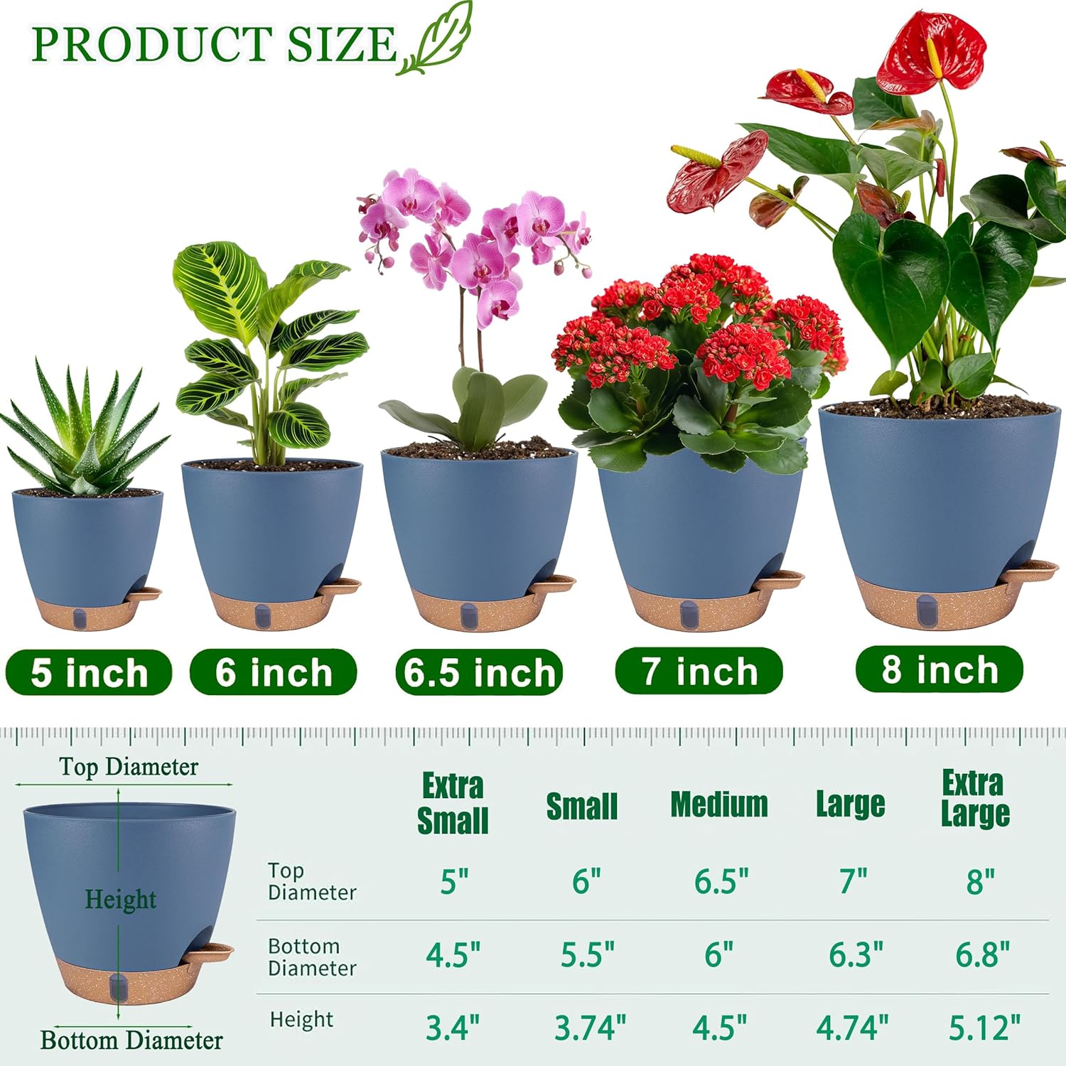 Self Watering Pots for Inoor Ourdoor Plants 8/7/6.5/6/5 Inch Plastic Planters with Drainage Holes & Water Level Indicator, Decorative House Flower Nursery Planting Pots with Saucers (Navy Blue) - Image 6