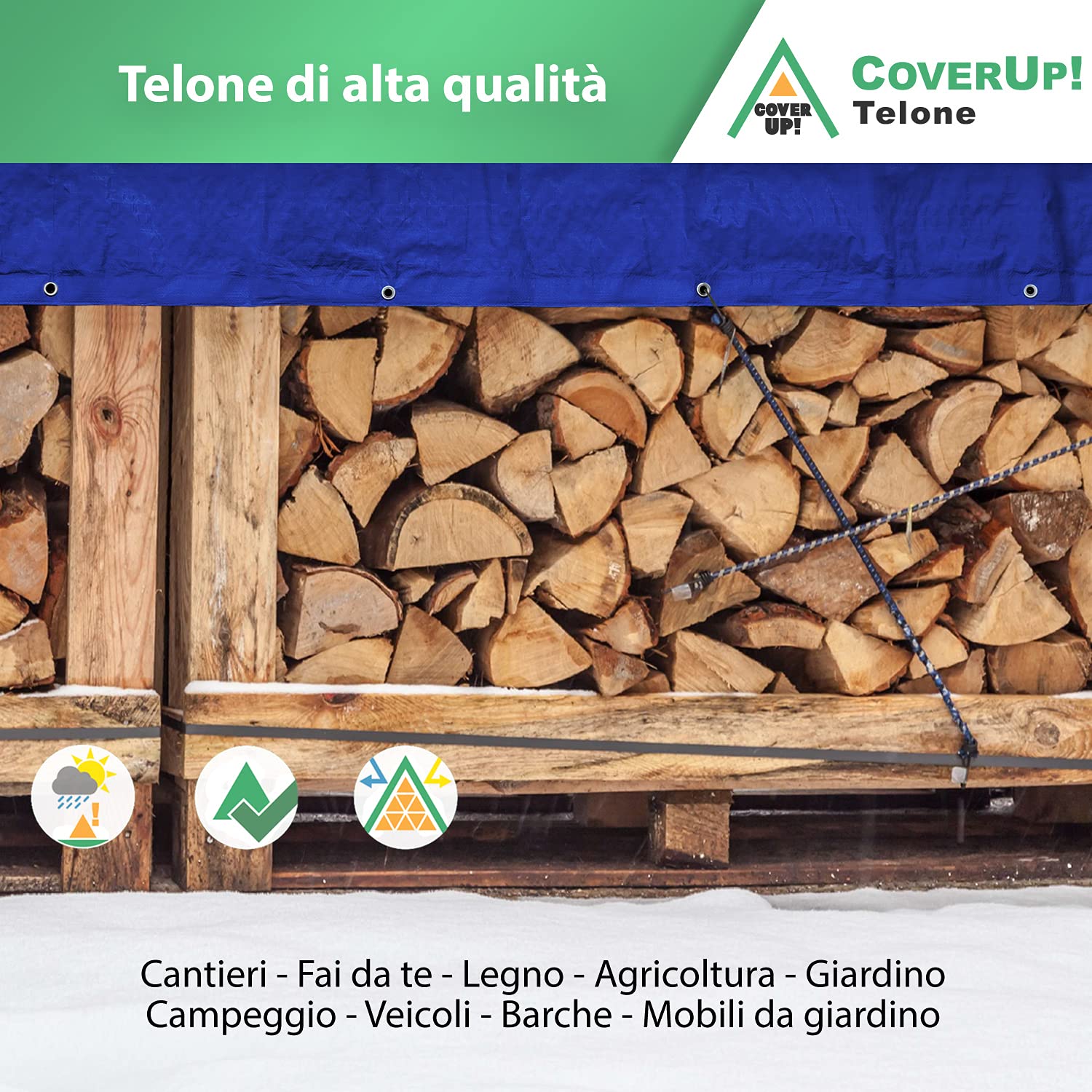 CoverUp! Telo impermeabile blu 4 x 6 200 g/m² con 10 gomas di fissaggio e occhielli in alluminio – extra resistente UV e strappi – copertura premium
