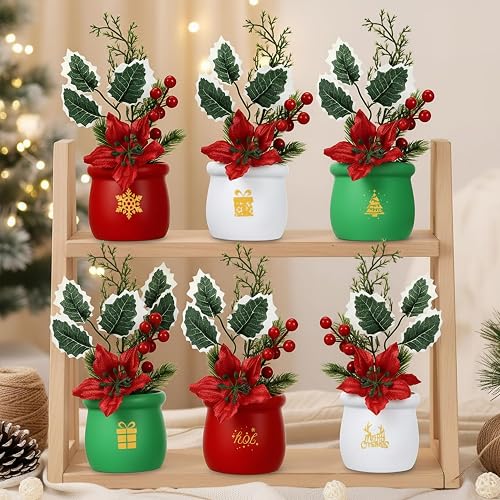 Nuogo 6 Pcs Christmas Artificial Poinsettia Flower with Terracotta Pots Vase and Stickers Christmas Tabletop Centerpiece Flower Picks Holly Red Berries Faux Floral Arrangements for Xmas Home Party