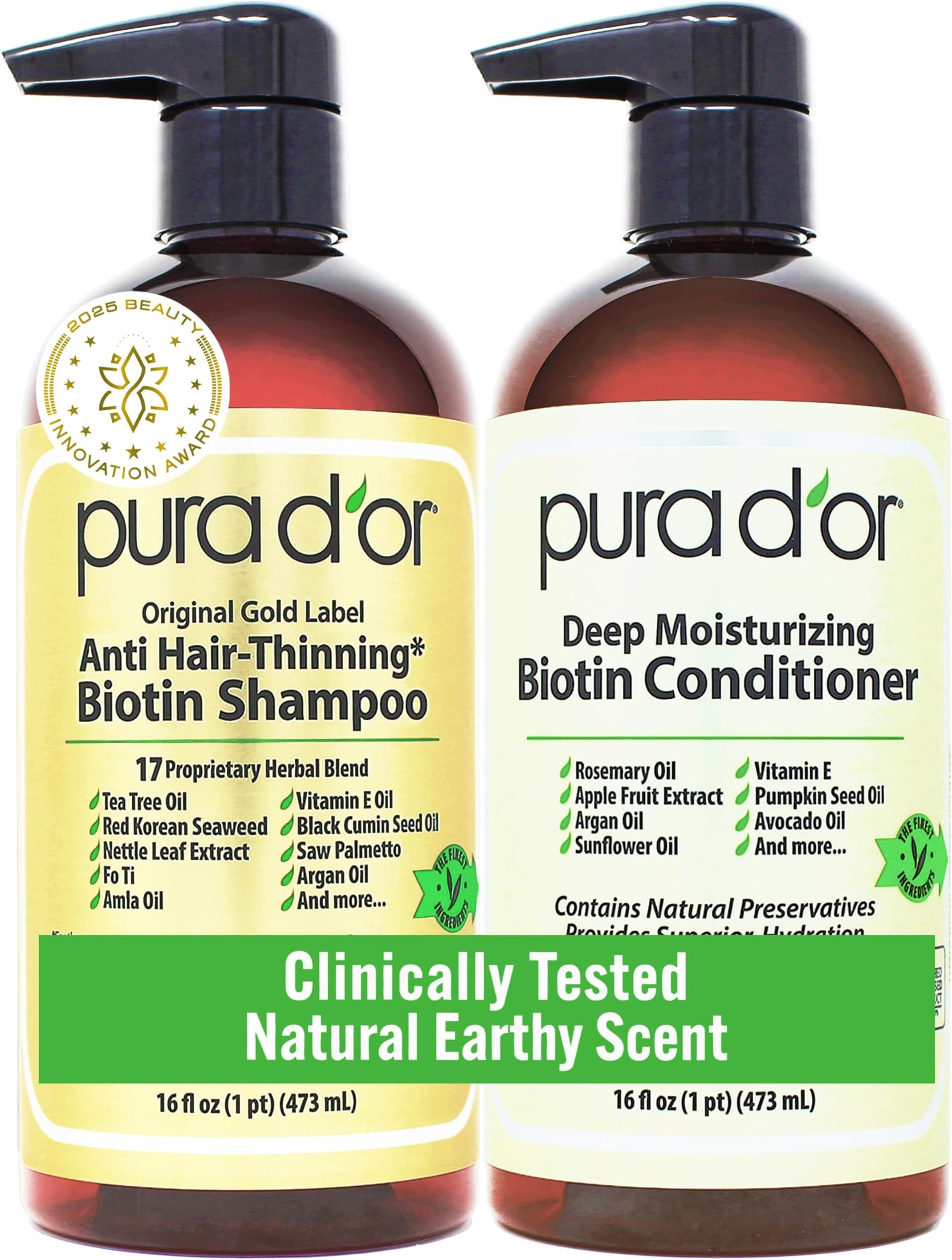 Pura D'or Anti-Thinning Biotin Shampoo and Conditioner, CLINICALLY TESTED Proven Results, DHT Blocker Thickening Products For Women & Men, Color Treated Hair, Original Gold Label Hair Care Set 16oz x2