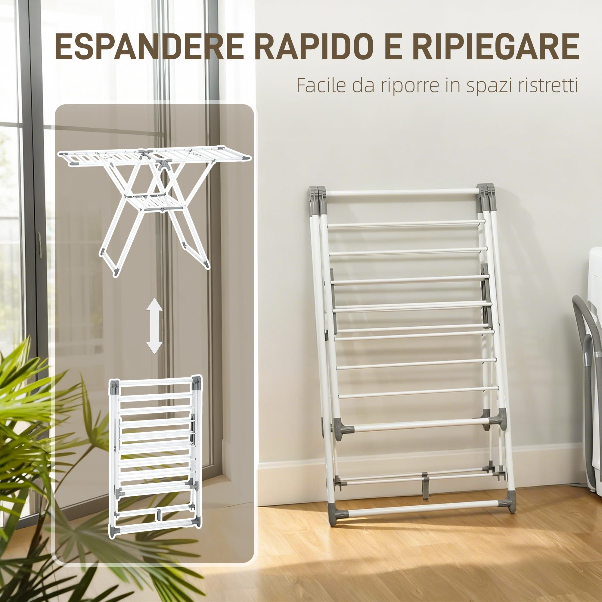 HOMCOM Stendibiancheria a 2 Livelli Regolabile 156.5x61.5x97 cm Bianco | su 4 Altezze Diverse, Stendino, Piedini Antiscivolo, Metallo e Plastica