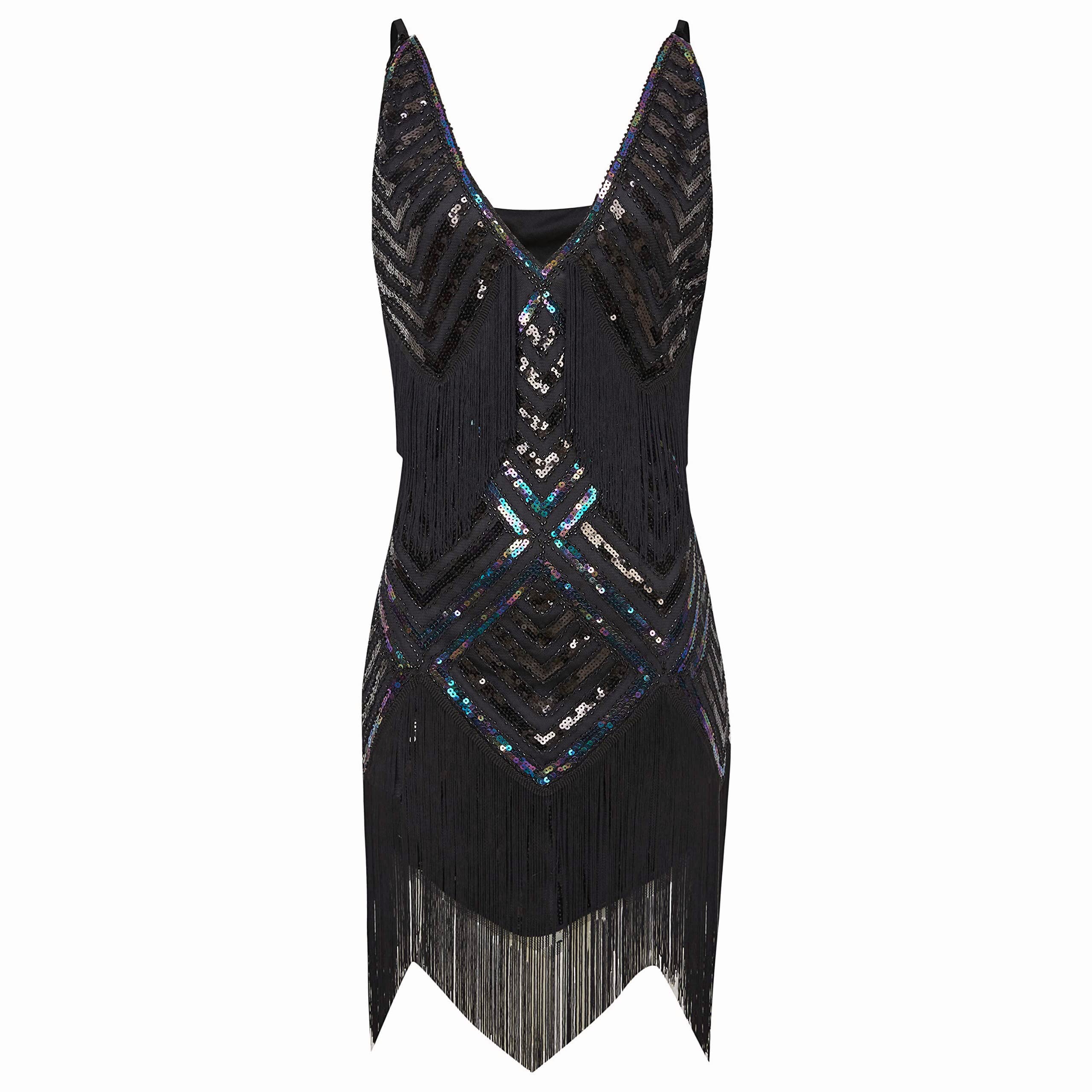 Coucoland Robe à Franges Années 20 - Col en V, Sequins, Sans Manches - Costume Gatsby, Soirée, Cocktail, Charleston (Noire, M)