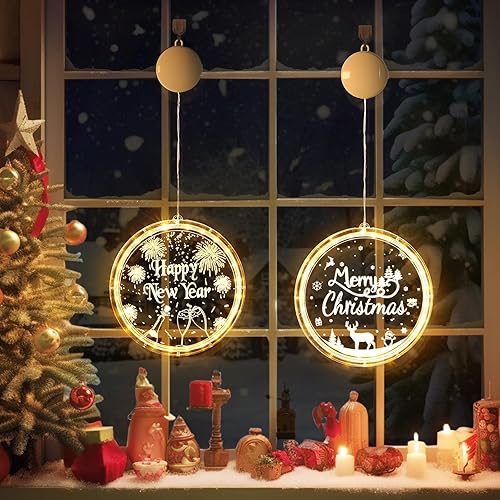 Miniatura 2 de BLOOMWIN Luces colgantes de ventana de Navidad, paquete de 2 luces de ventana para decoración de Navidad y Año Nuevo, Feliz Navidad, Feliz Año