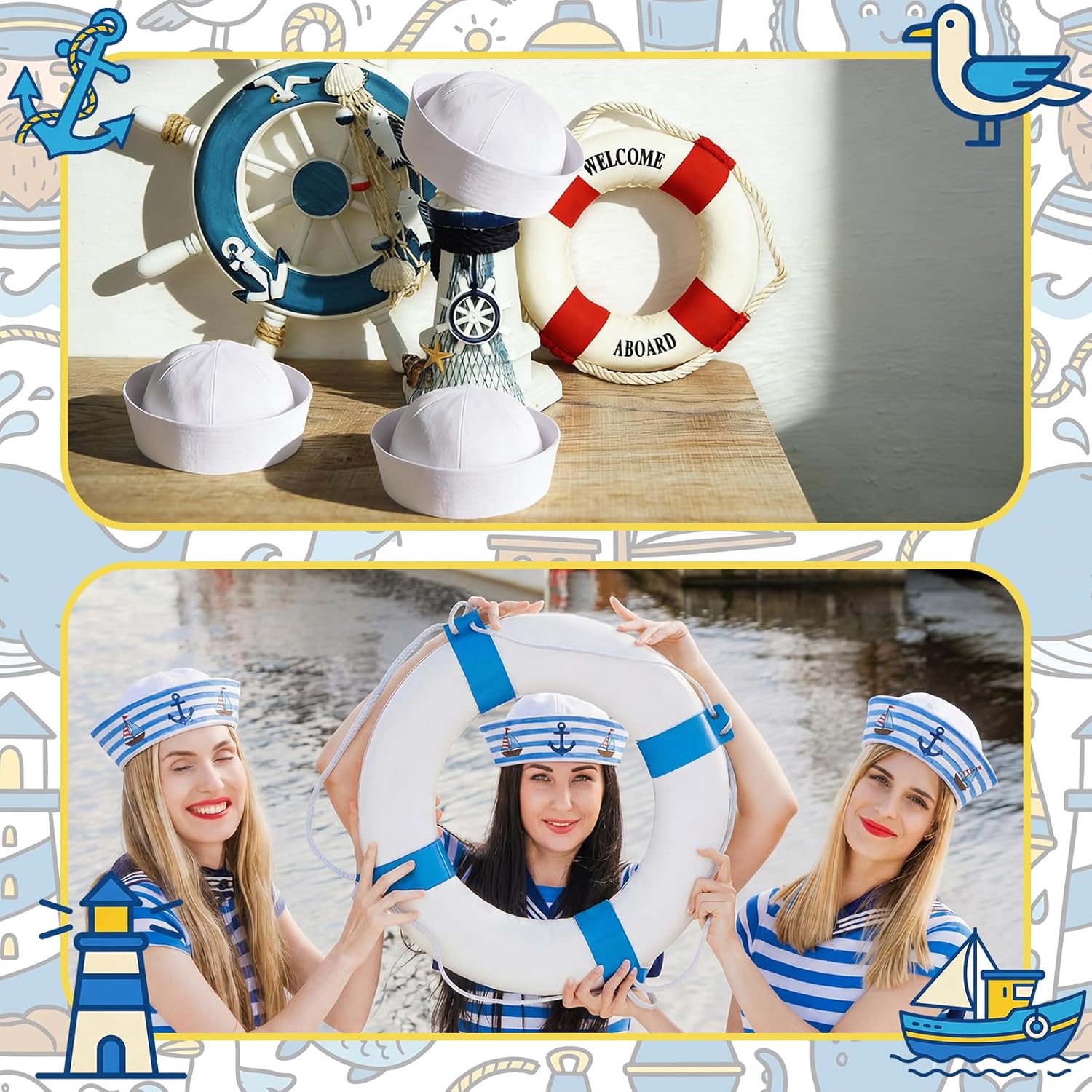 12 Pcs White Sailor Hats Crafts DIY Sailor Captain Cap Crafts Kit Color Your Own Nautical Vbs Vacation Bible School Supplies Decoration for Men Women Navy Costume Cosplay Party Activities