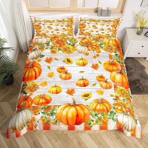Miniatura 9 de Juego de ropa de cama de acuarela de otoño, tamaño King para el hogar, funda de edredón de hojas de arce y calabaza naranja, funda de edredón