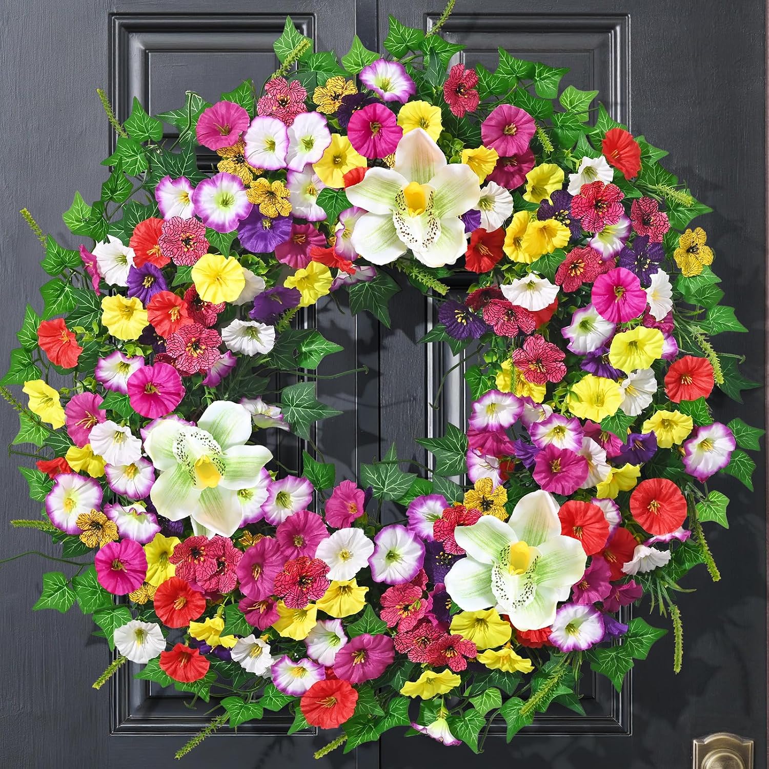 Yastouay Spring Summer Wreaths for Front Door, 24 Inch Large Spring Summer Door Wreath with Magnolia Petunia Flowers & Ivy Leaves, Spring Wreath for Front Door Farmhouse Porch Wall Indoor Outdoor