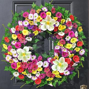 Yastouay Spring Summer Wreaths for Front Door, 24 Inch Large Spring Summer Door Wreath with Magnolia Petunia Flowers & Ivy Leaves, Spring Wreath for Front Door Farmhouse Porch Wall Indoor Outdoor