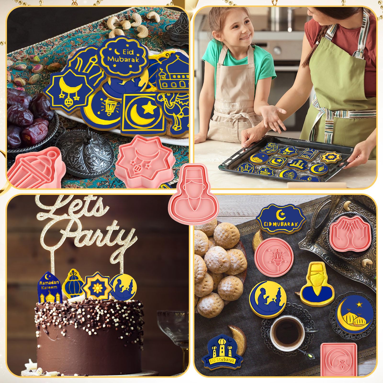 Roshtia 24 Stück Eid Gebete Ausstechformen Kunststoff Keksstempel Mond Keksform Pressschloss, Creme, leichte Kunststoff Keksausstecher, Prägeform zum Backen Fondant Supplies