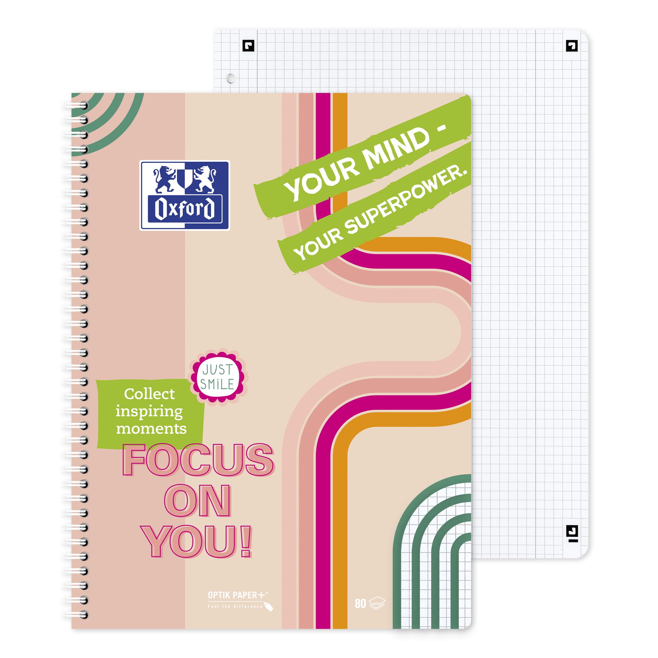 Oxford A4 Collegeblock, kariert, 160 Seiten Limited Edition "Mind Power" 2 Motive sortiert, 4-fach gelocht & mikroperforiert, 10 Stück