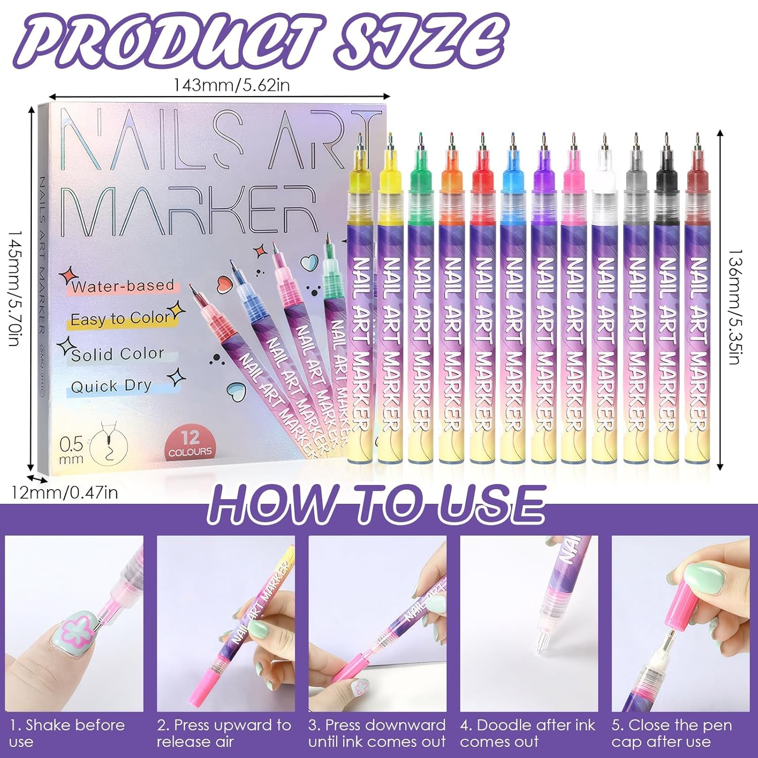 12 Color Nail Art Pens, Nail Art Pens for Painting Nails, 2026 Upgrade Nail Art Marker 0.5mm , Nail Art Markers Acrylic Paint Pens, Waterproof and Quick-drying Nail for DIY Nails Art Design (Set A*2)