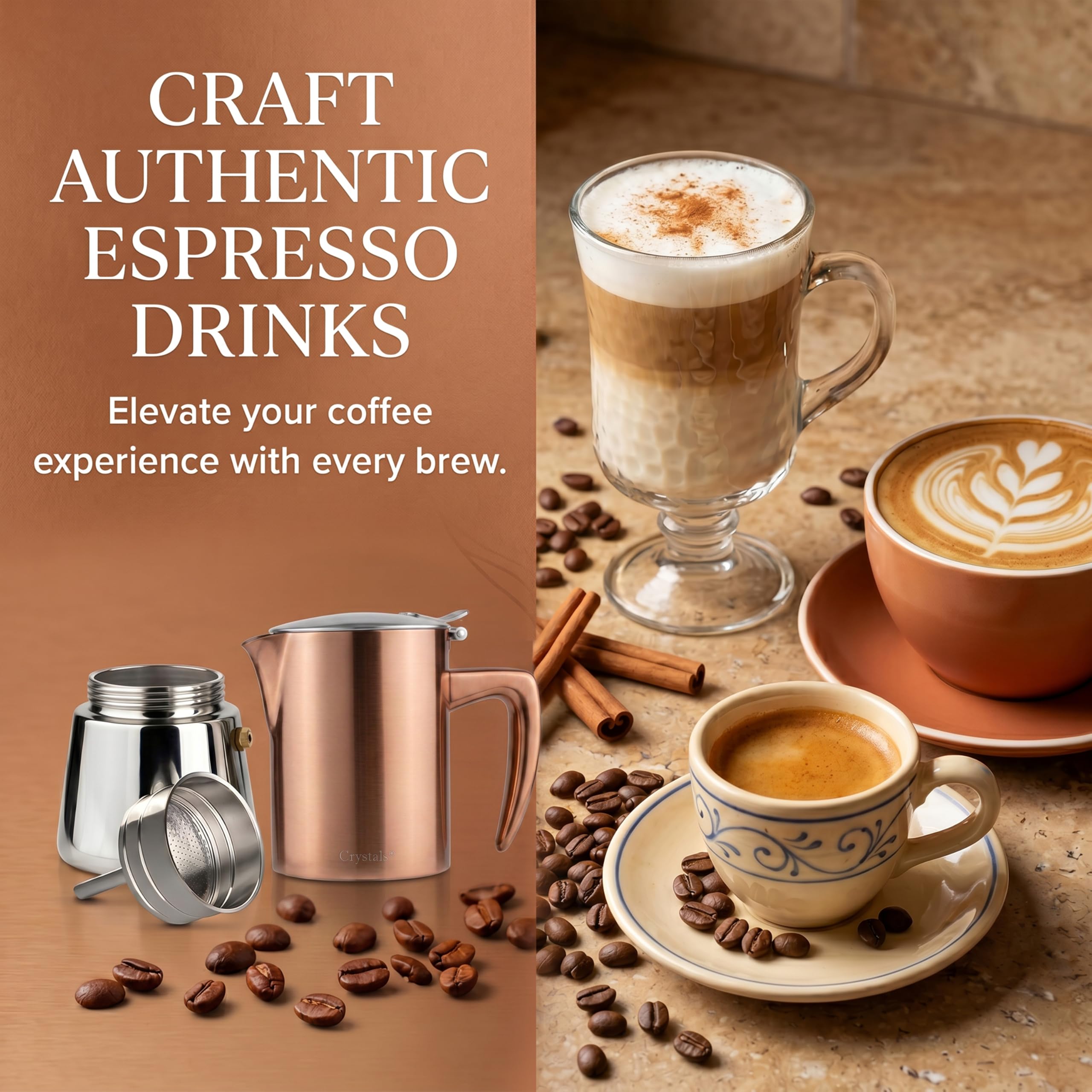 Crystals Cafetera espresso de acero inoxidable con acabado de cobre, olla Moka de 6 tazas (300 ml), cafetera italiana para inducción, cocinas de gas y eléctricas, percolador de espresso con válvula de