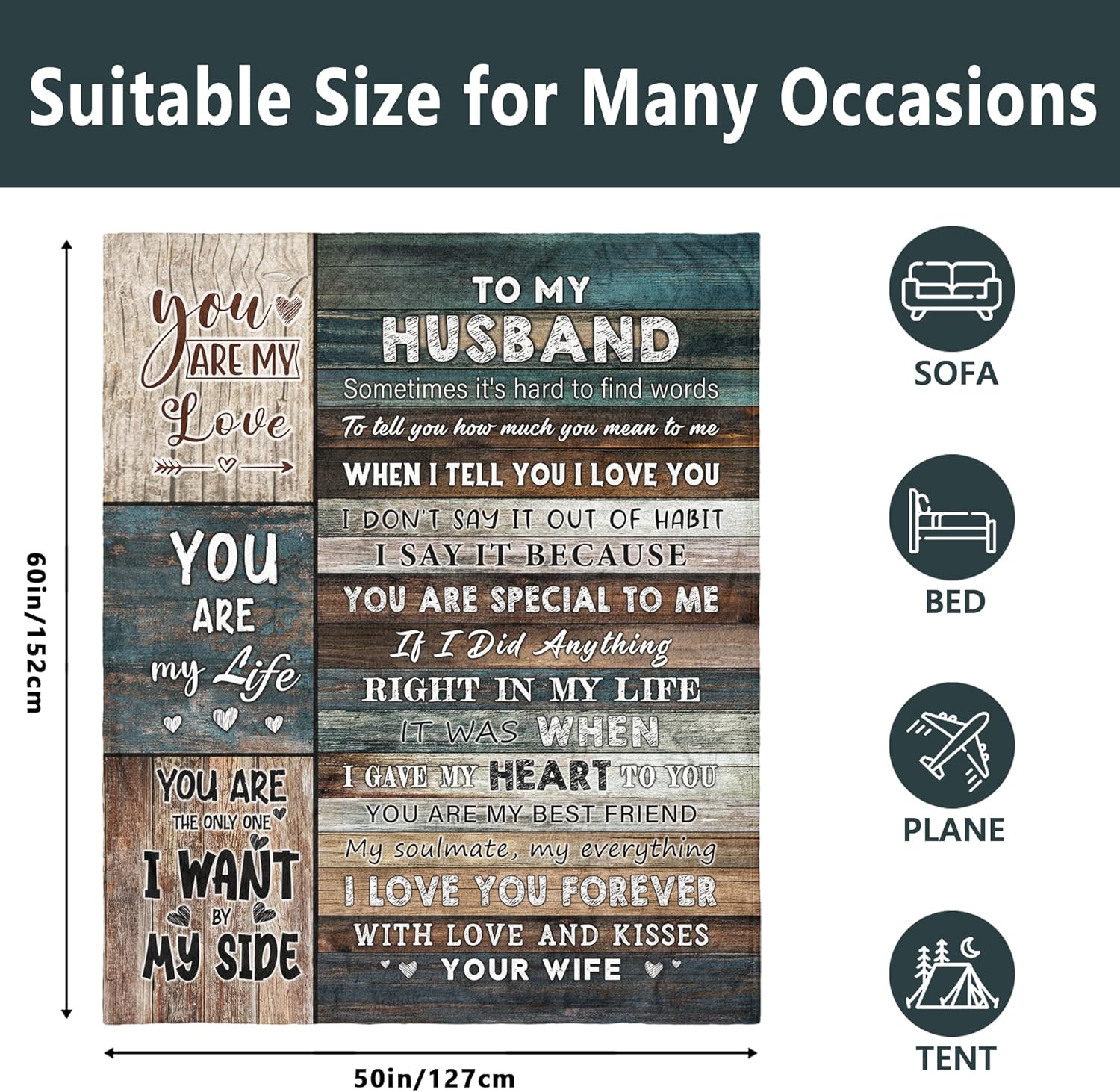 Husband Valentines Day Gifts Blanket 60" X 50", Valentine's Day Gift for Husband from Wife, Valentines/Anniversary/Wedding Gift for Him, to My Husband Presents - Image 6