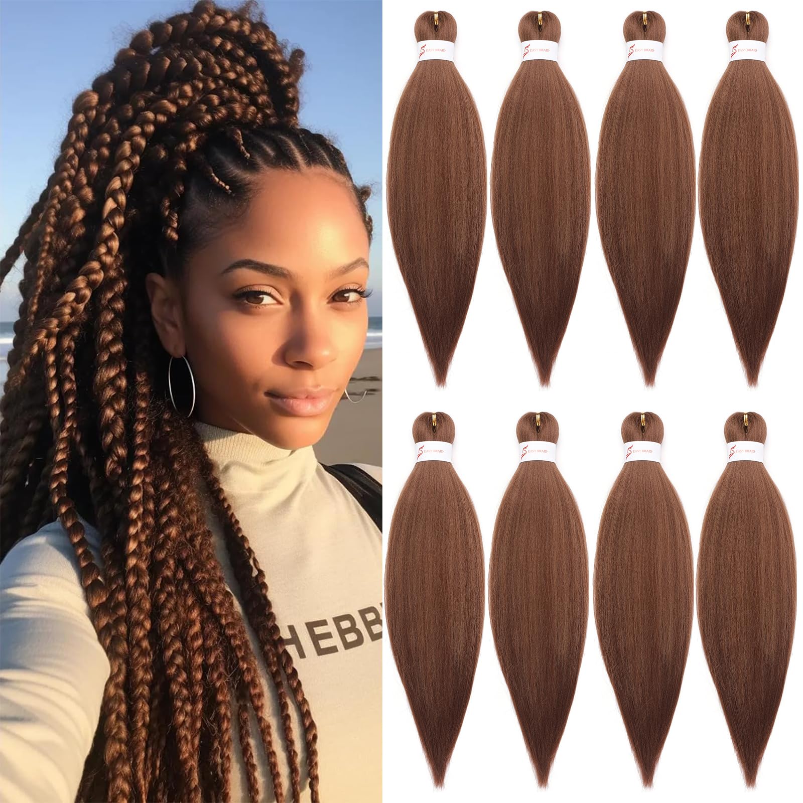 Brwon Braiding Hair Pre stretched 18 Inch 8 Packs Pre stretched Braiding Hair Ago Pre Stretched Hair For Twist Yaki Texture Synthetic Hair Extension