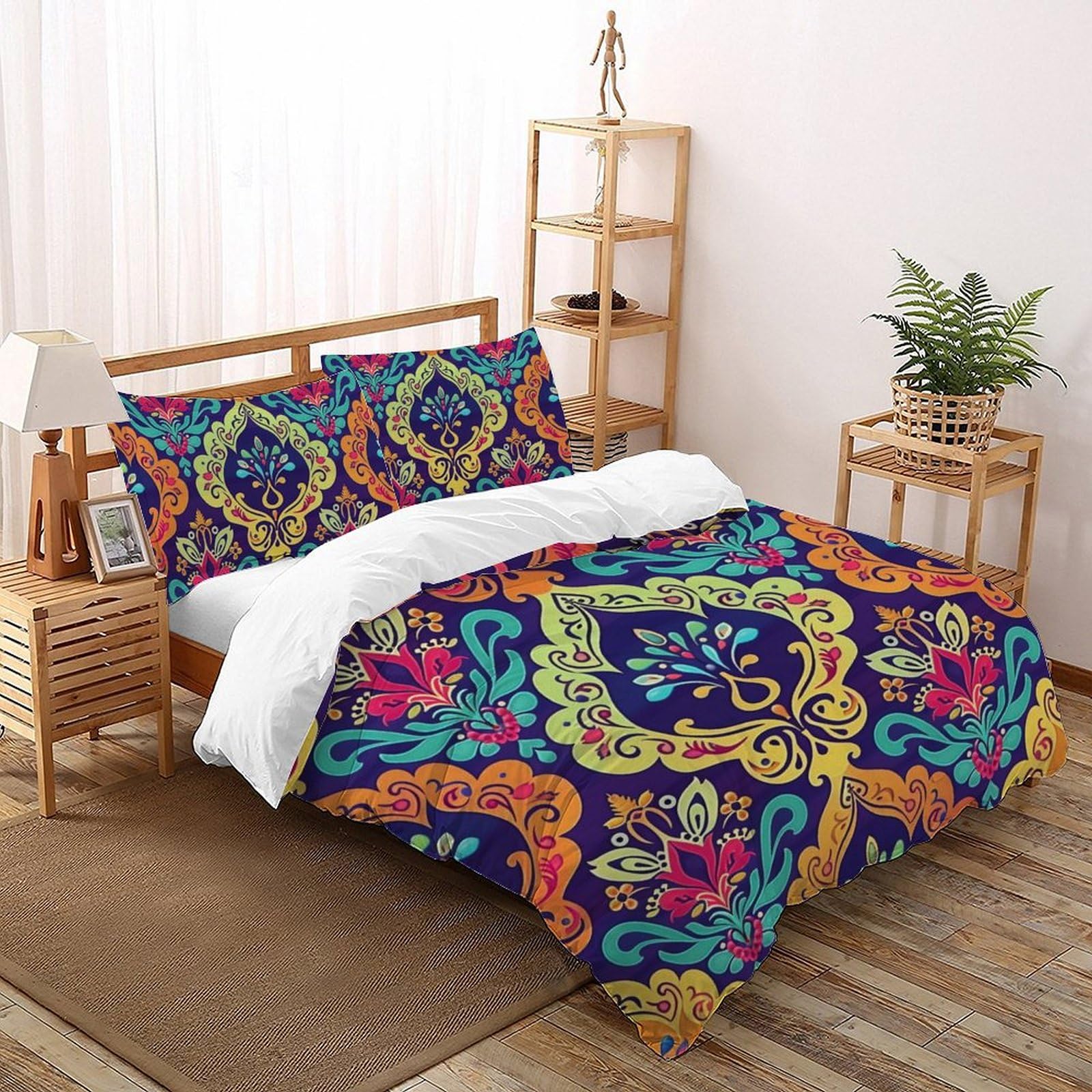 Housse de couette 3 pièces style ethnique imprimé indien drap microfibre adulte enfant 200x200