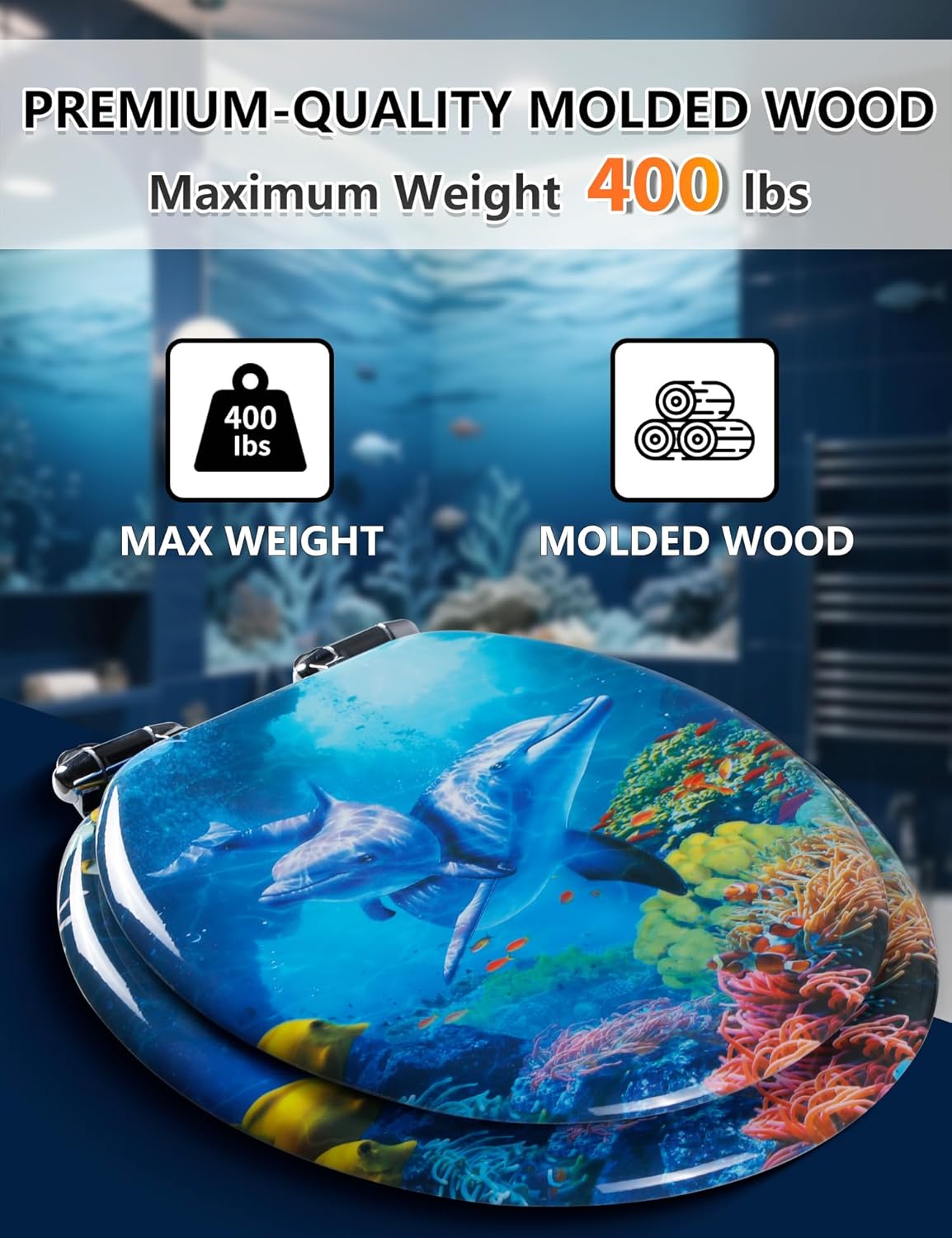 Angol Shiold Soft Close Wood Toilet Seat ROUND, Quiet and Slow Close Lid and Seat, Quick Release Easy Installation & Clean Hinges(16.5-inch, Blue Ocean Dolphins Family)