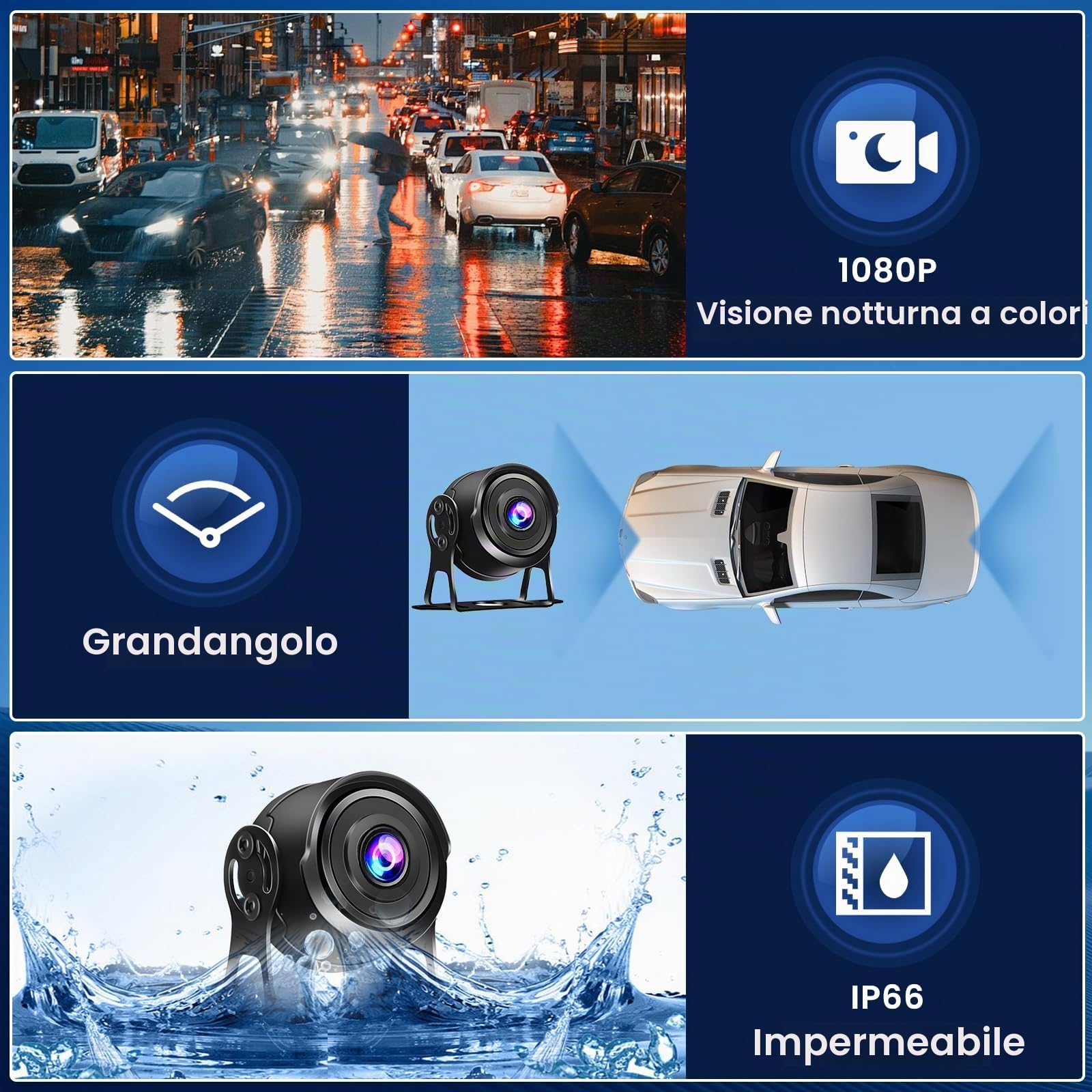 Hikity Telecamera Retromarcia Wireless 7" 1080P 170° IP66 | Monitor per Auto, Visione Notturna HD, per Camion, SUV, Furgoni