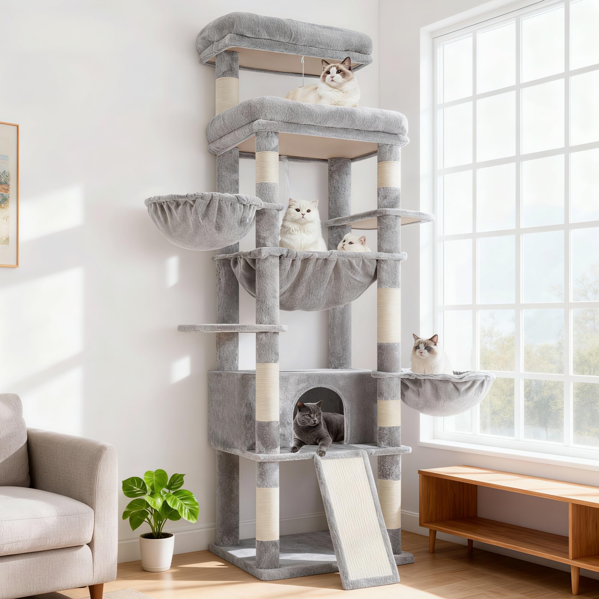 Hey-brother Kratzbaum, 182 cm hoch Katzenbaum für Großkatze, mehrstöckiger Katzenkratzbaum mit 2 Grosse liegefläche, 3 Hängematten, Höhle, 2-in-1-Sisalkratzbrett, Plüschbällen