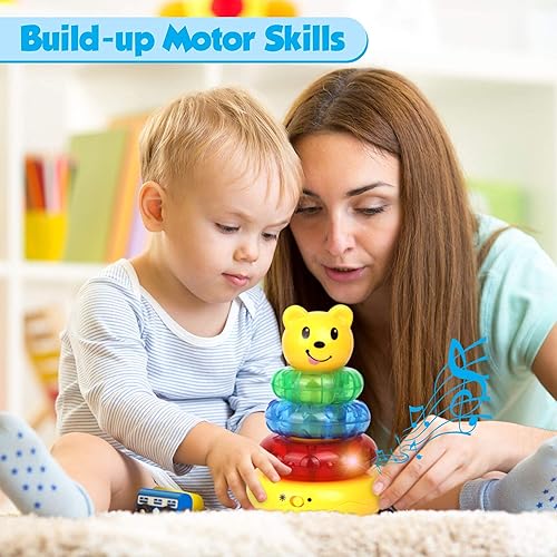 Miniatura 5 de Playkidz Apilador de anillos musicales de oso, juguetes apilables con luces y sonidos para niños pequeños, juguete sensorial y educativo para niñas