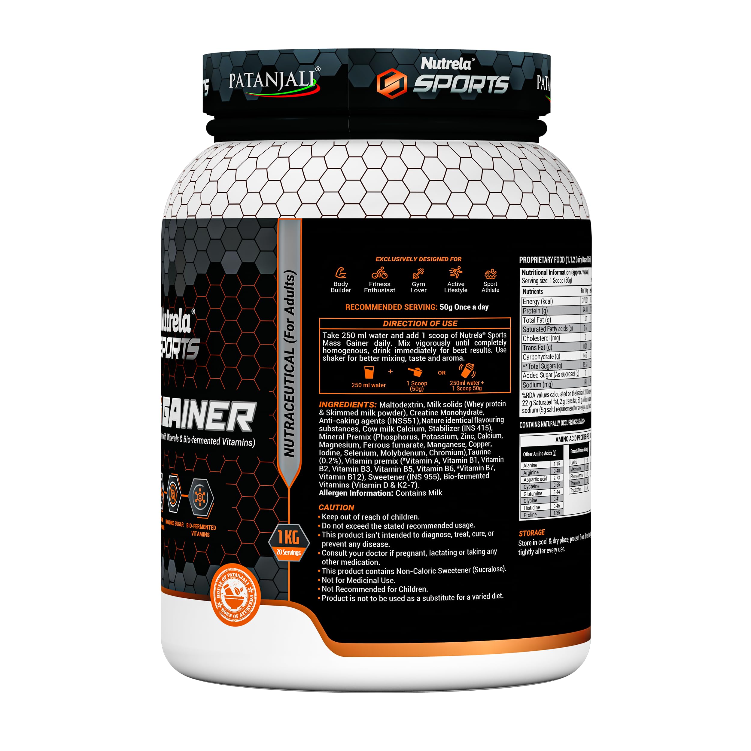Nutrela Sports Mass Gainer Protein Powder 1 kg (Malai Kulfi) with Shaker | With 2.5g Creatine, 33.1g Carbs & Biofermented Vitamins — Amazon image 3