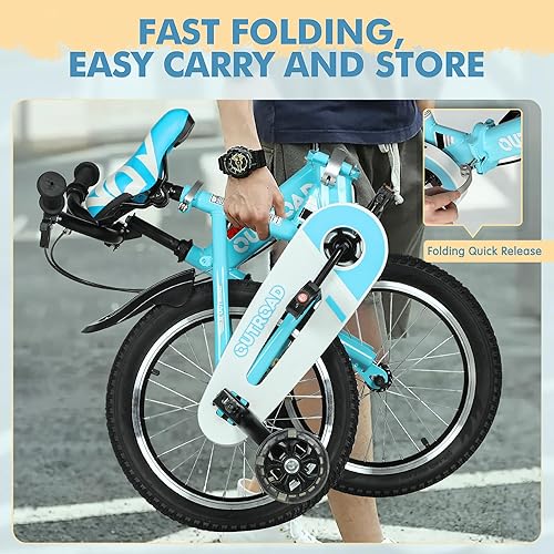 Miniatura 6 de SUNCROWN Bicicleta para niños, 14, 16, 18 pulgadas, bicicleta plegable para niños y niñas de 3 a 10 años con rueda de entrenamiento de iluminación