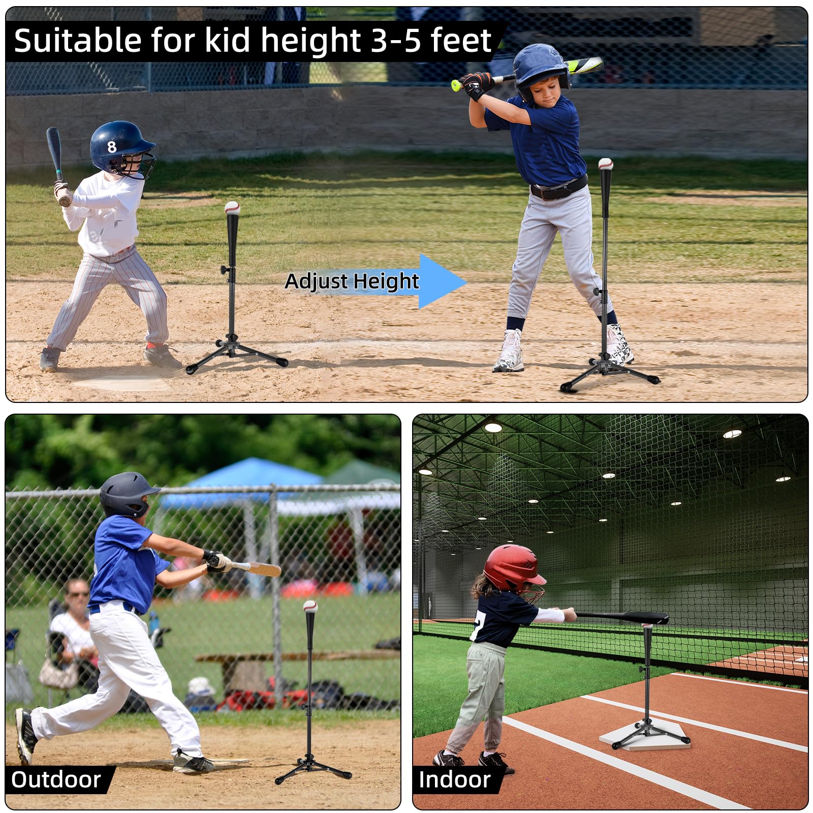 Kids Baseball Tee, 20.87 to 31.29 Inches Batting Tees for Baseball with Carry Bag, Portable Stable Baseball Tees for hitting, Tripod Tanner Tee for Baseball Practice Stand Aged 3-8 Years (Black)