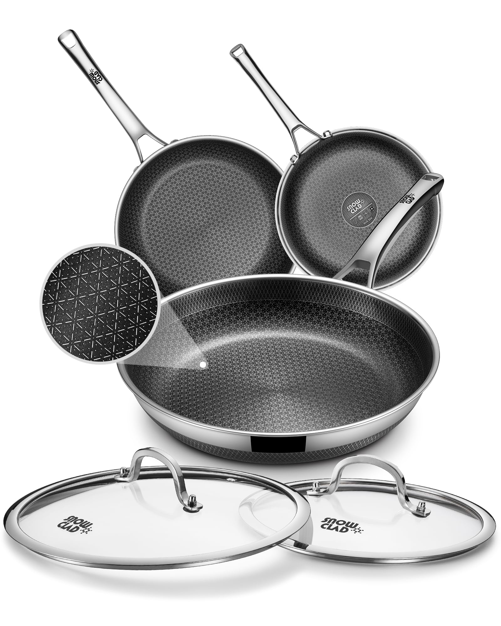 Pans set Nonstick,8/10/12-Inch Stainless Steel Skillet,Frying Pan with Lid | Hybrid Nonstick | PFOA-Free | Non-Toxic | Induction Compatible | Oven & Dishwasher Safe