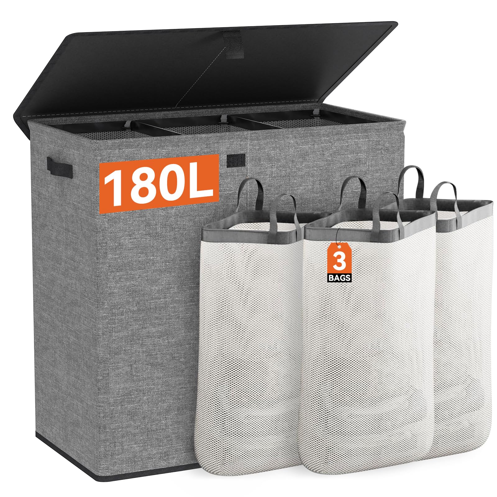 WOWLIVELaundry Hamper with Lid,180L Large Laundry Basket 3 Section with Removable Washing Bags,Collapsible Waterproof Dirty Clothes Hamper for Laundry Room Bathroom Dorm,Gray
