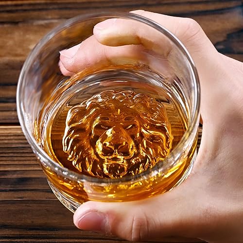 Miniatura 3 de PARACITY Vasos de whisky, fondo grueso con patrón de león, vasos antiguos de 10.6 onzas para whisky, ginebra, vodka, vasos de whisky, juego de 2,