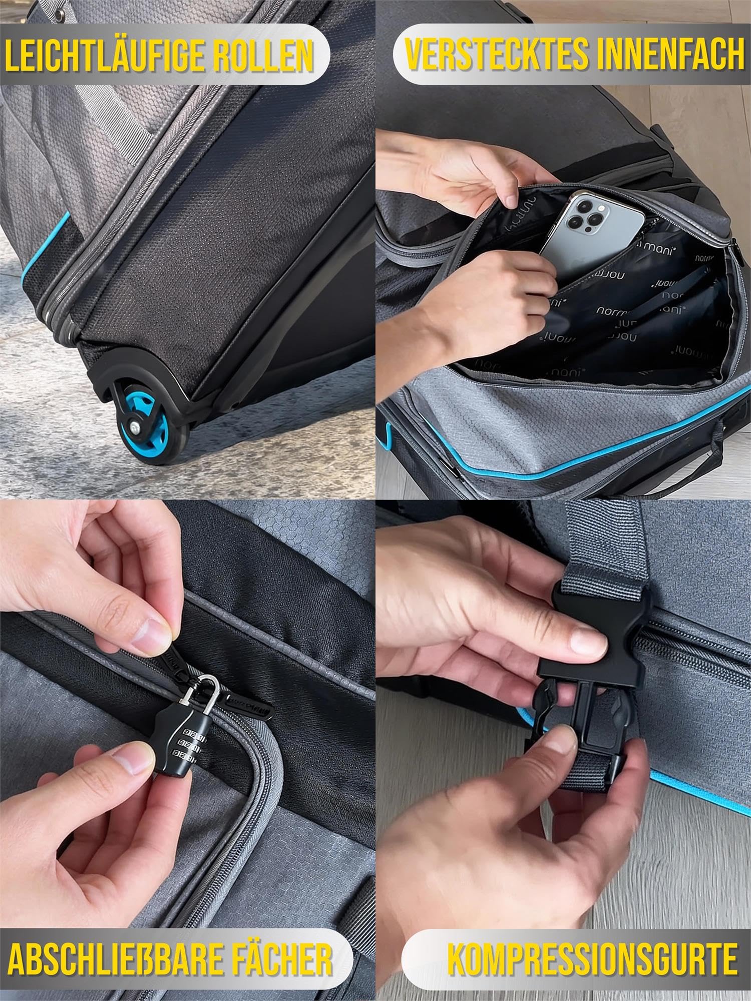 Reisetasche 2-Rad Trolley 120-150 Liter Weichgepäck Travel Bag mit Rollen und 6 Fächern - erweiterbarer Reisetrolley - Rolltasche Sporttasche 81x39x39/47 cm Farbe Grau/Blau Größe 120-150 Liter