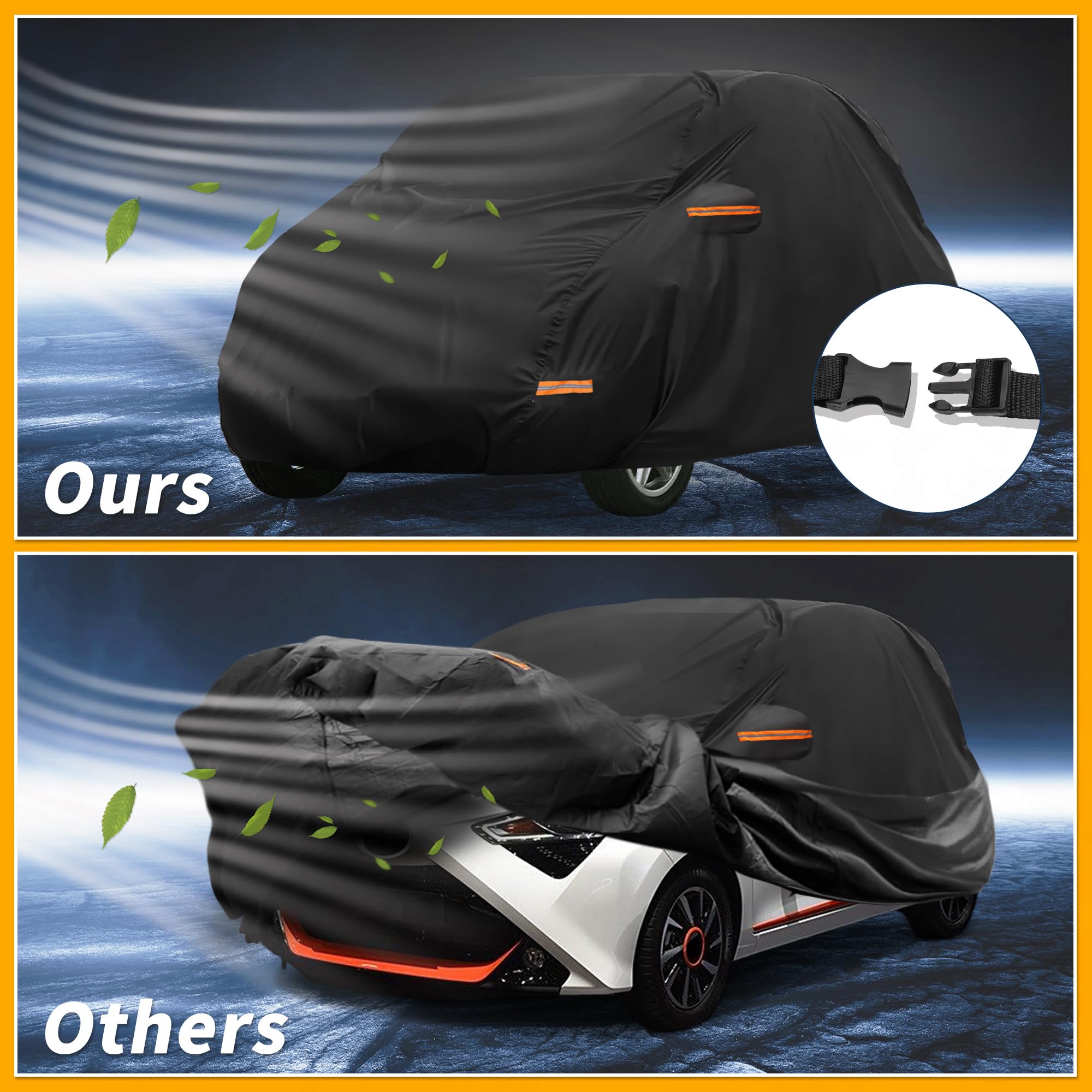 Copertura Auto Impermeabile Per Toyota Aygo 1Pc 190T PU Nero | Colore Nero, Materiale 190T-PU, Dimensioni 380x175x140cm, Con Cerniere E Strisce Riflettenti, Adatto A Uso Esterno