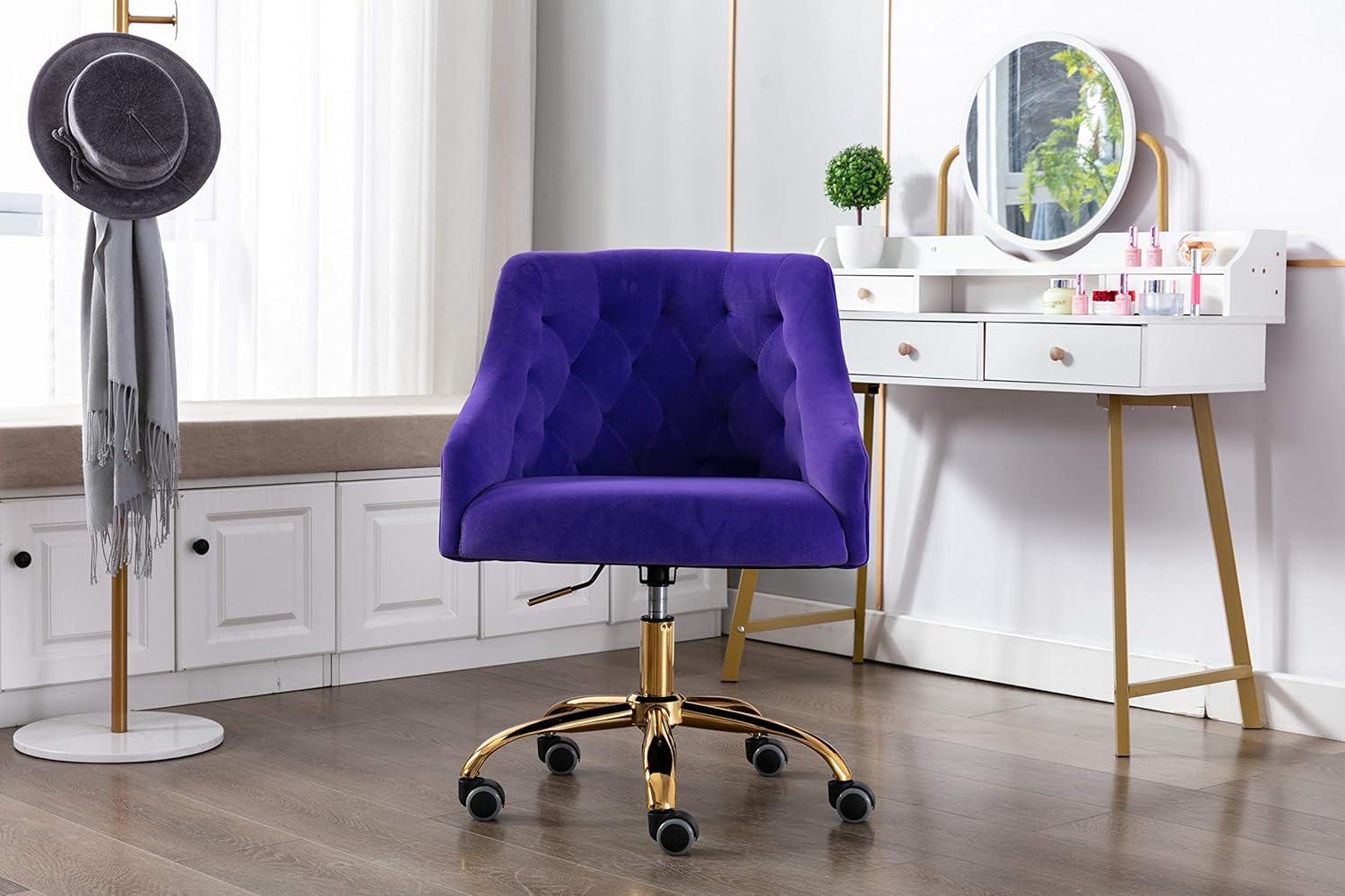 ZOBIDO Comfy Home Office Task Chair with Wheels, Cute Modern Upholstered Velvet Seashell Back Adjustable Swivel Vanity Desk Chair, for Women, for Kids, for Girls, Living Room(Purple)