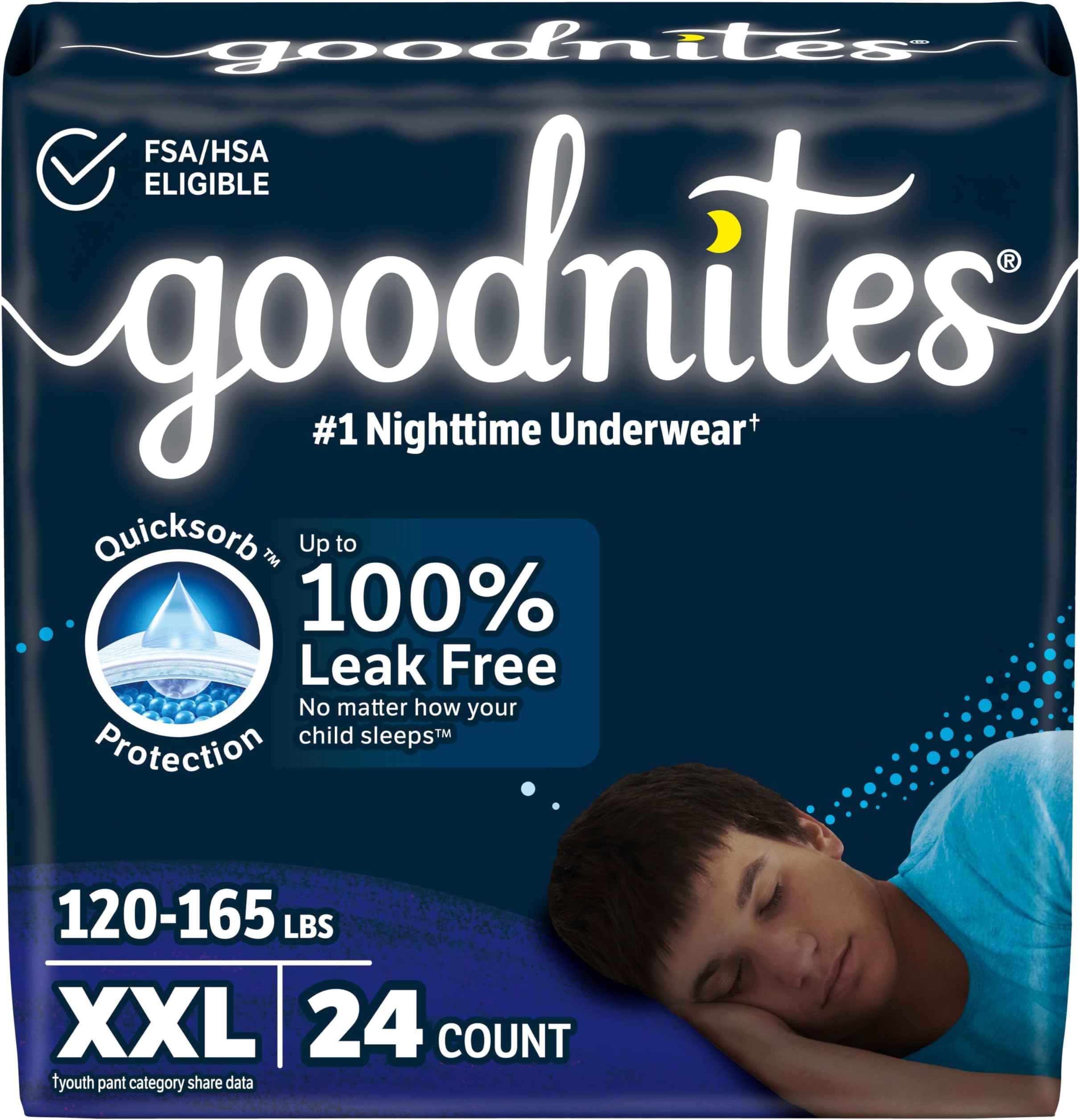 Goodnites Boys' Nighttime Underwear, Size XXL (120-165+ lbs), 24 Ct (2 Packs of 12), Packaging May Vary