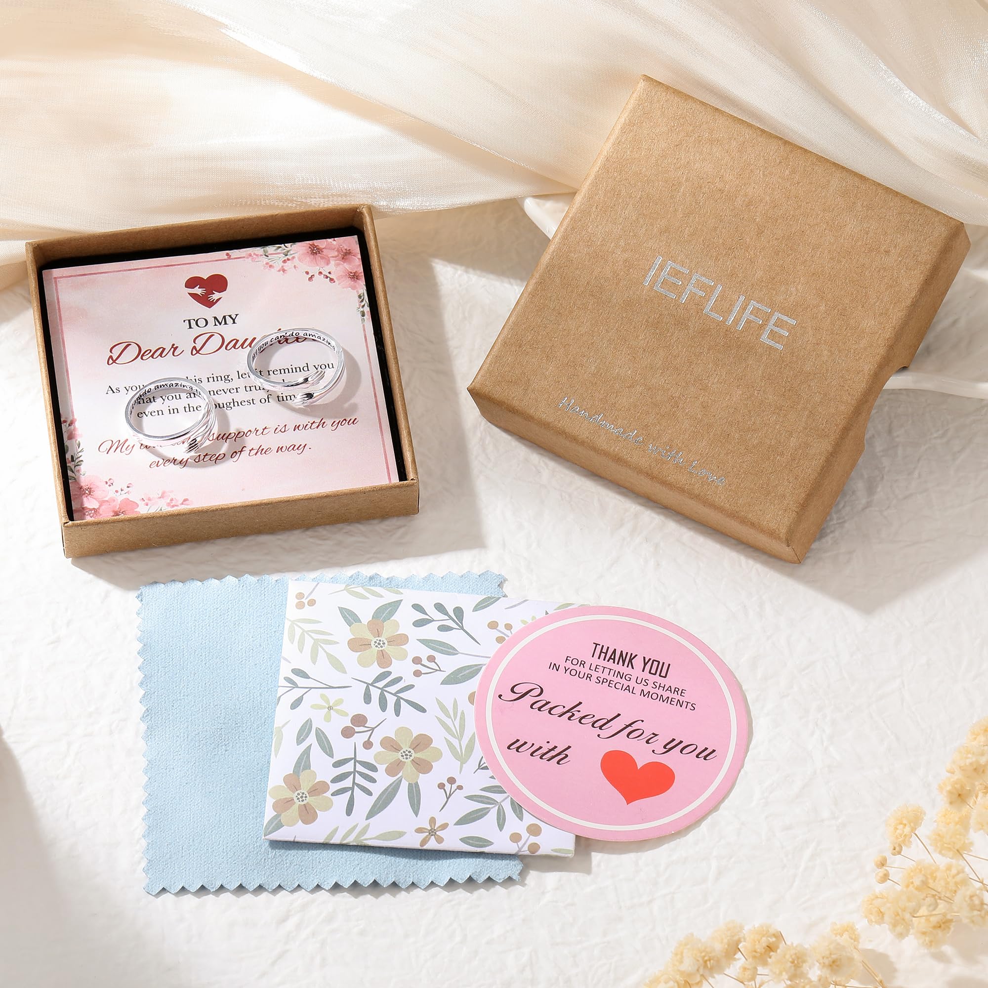 IEFLIFE Regalo per ragazze adolescenti, anello regolabile in argento per donne e ragazze, regalo di compleanno e laurea per figlia, nipote da mamma, nonna, ragazza adolescente, anello da abbraccio