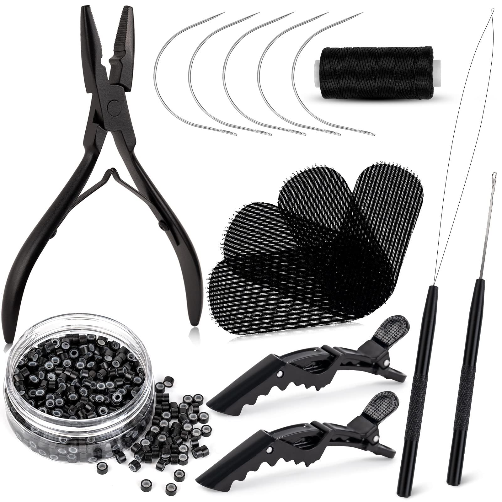 NEWISHTOOL Hair Extension Tool Kit, Silicone Micro Links Beads, Stainless Steel Beads Plier, Metal Bead Threader and Needle Pulling Hook for Beading Hair Extensions to Girls Cosplay Party Hair Styling