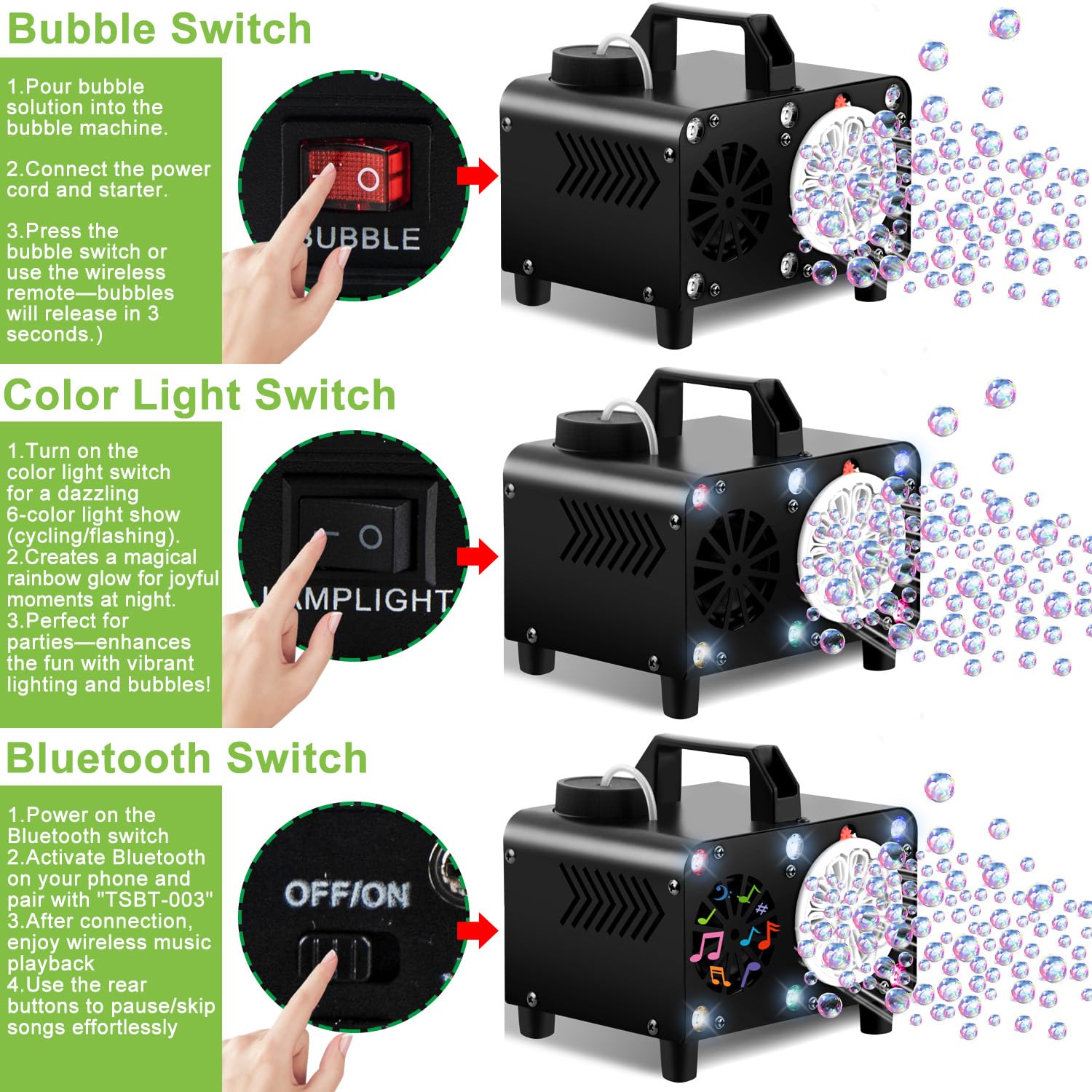 Máquina de burbujas de control remoto inalámbrico, portátil Bluetooth Bubble Blower-6 colores, mando a distancia, ideal para fiestas, bodas y niños