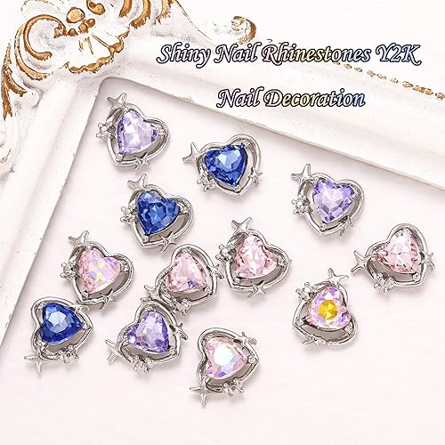 Miniatura 4 de RODAKY Dijes de uñas de corazón 3D, 12 piezas de aleación de metal plateado, arte de uñas, diamantes de imitación en forma de corazones, gemas de