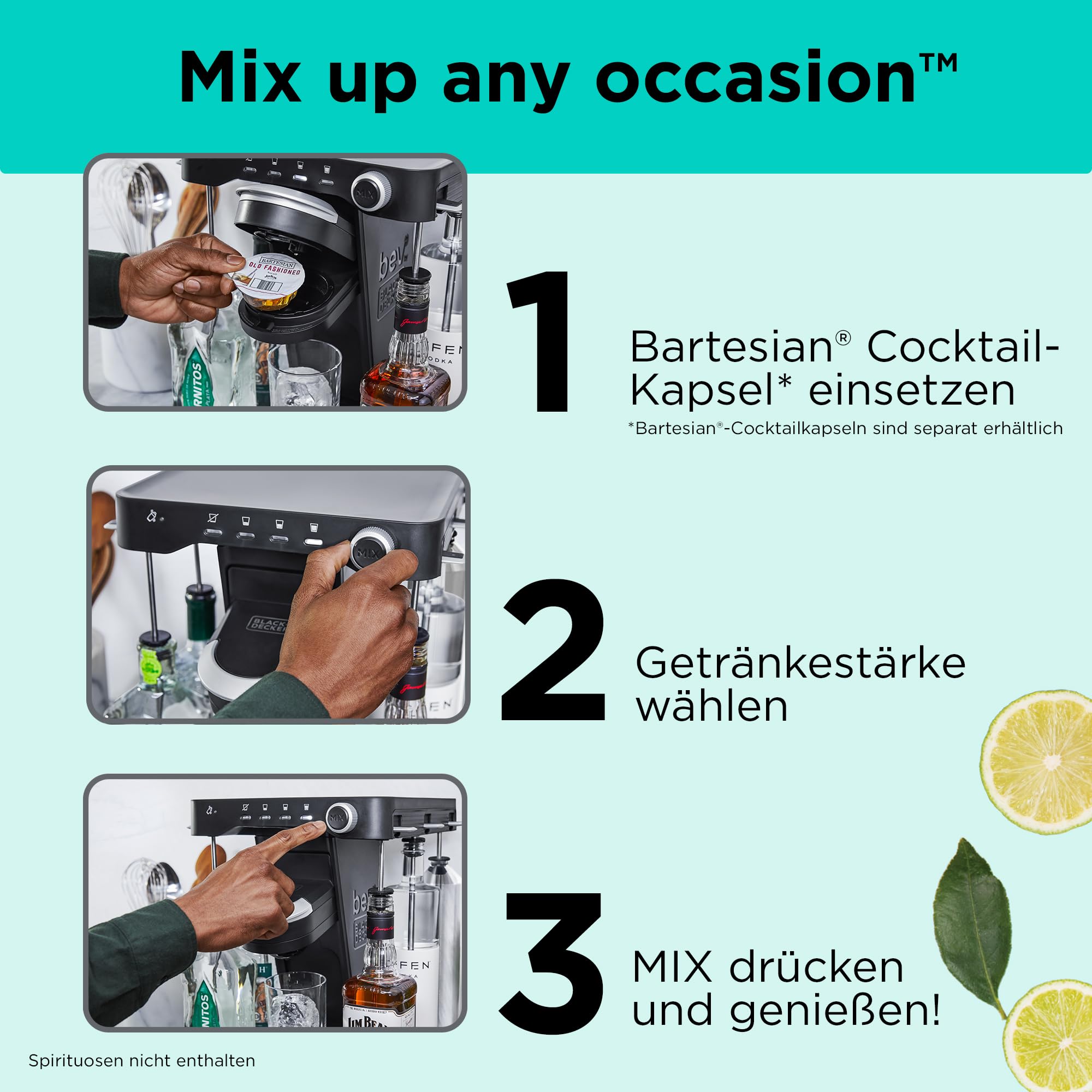 BLACK+DECKER BEV Cocktail-Maschine (individuelle Cocktails auf Knopfdruck, Platz für 5 Spirituosen, Getränkestärke einstellbar, mit Reinigungsmodus & LED Beleuchtung im Party-Modus) BEHB101