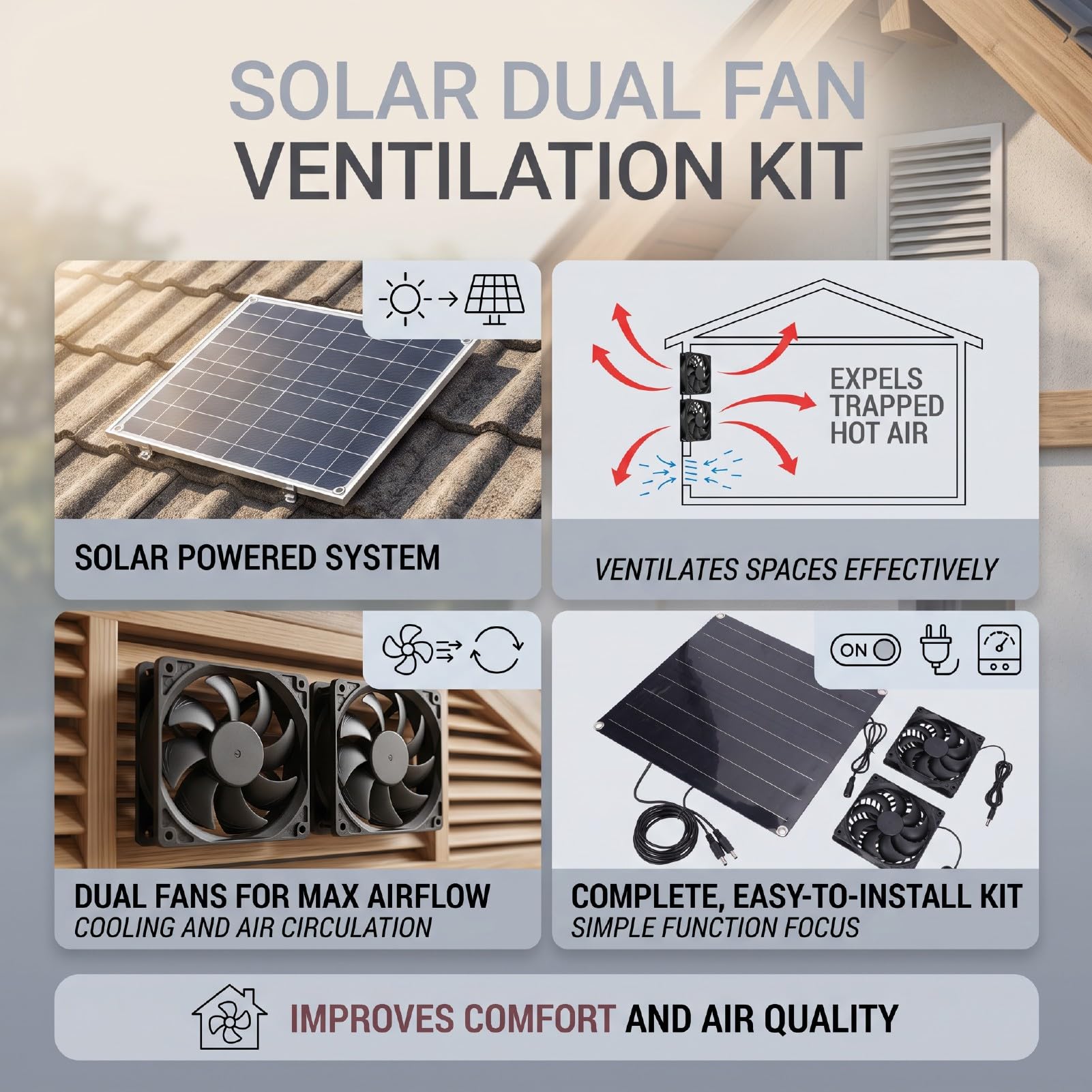 Kit Ventilateur énergie Solaire, 25W, Double Ventilateur, 3000RPM