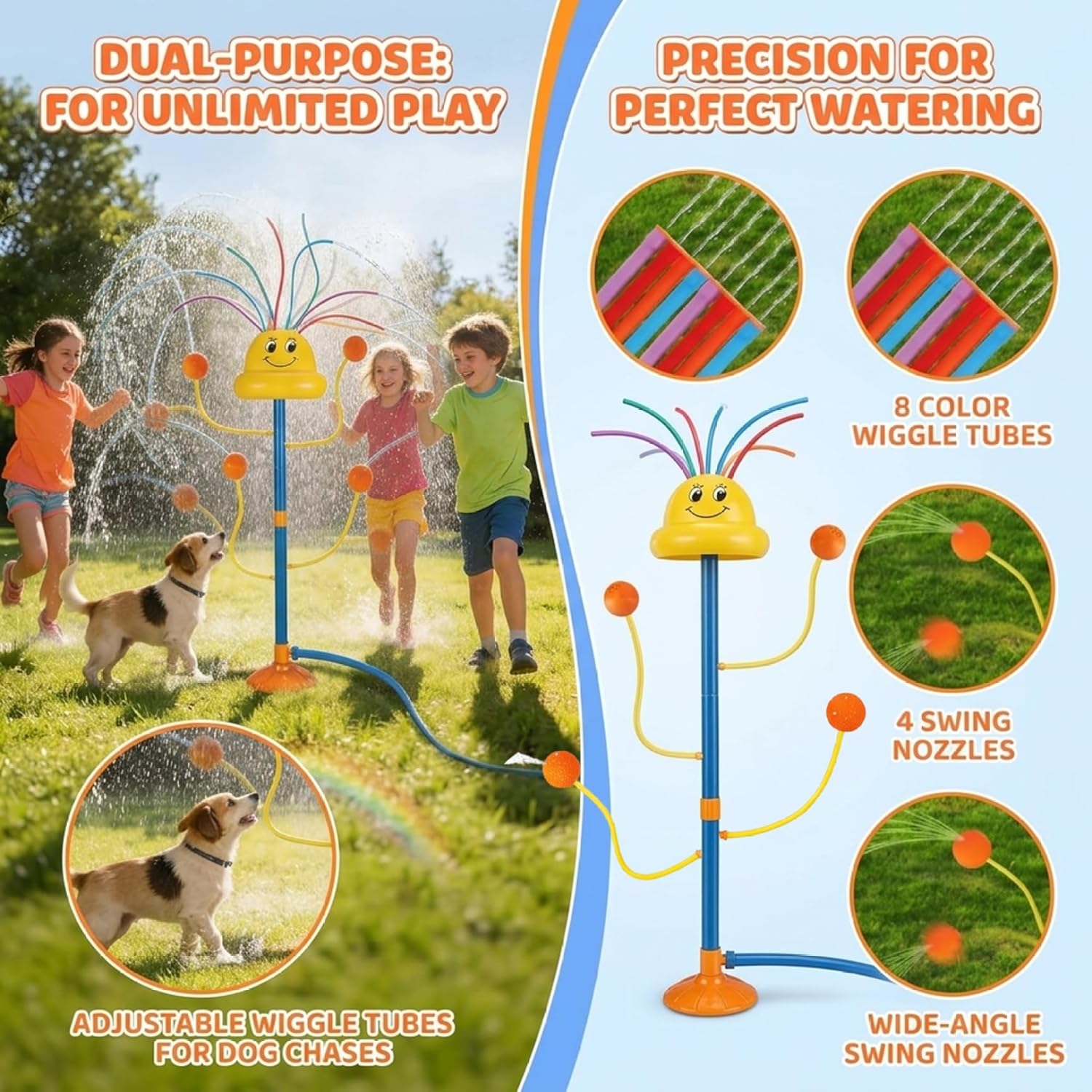 Water Sprinkler for Kids - Dancing Outdoor Water Toy with 8 Wiggle Tubes & 4 Nozzles Sprinkler for Kids and Pets