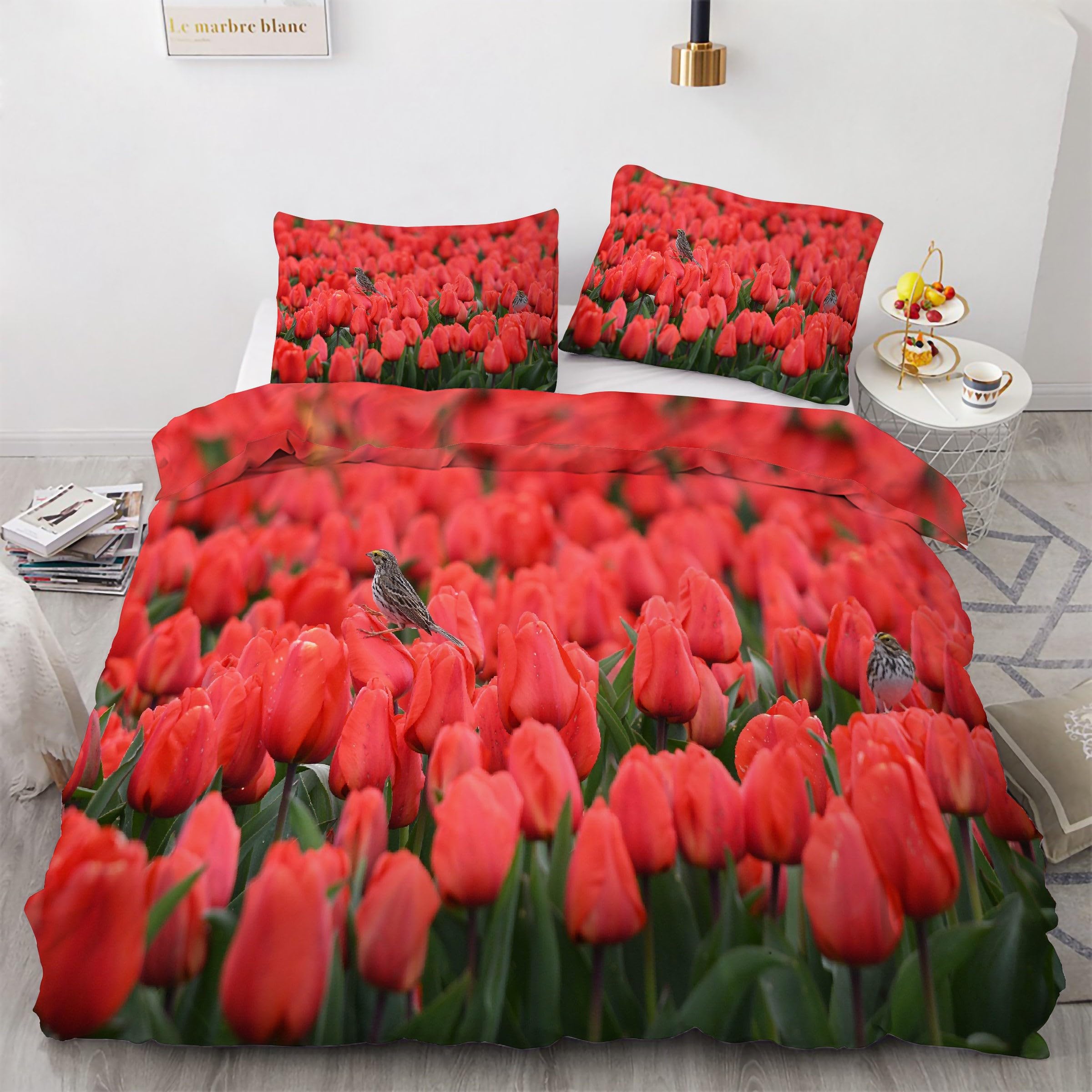 Parure de lit 160x200 premium motif tulipe, housse de couette douce finition zippée invisible